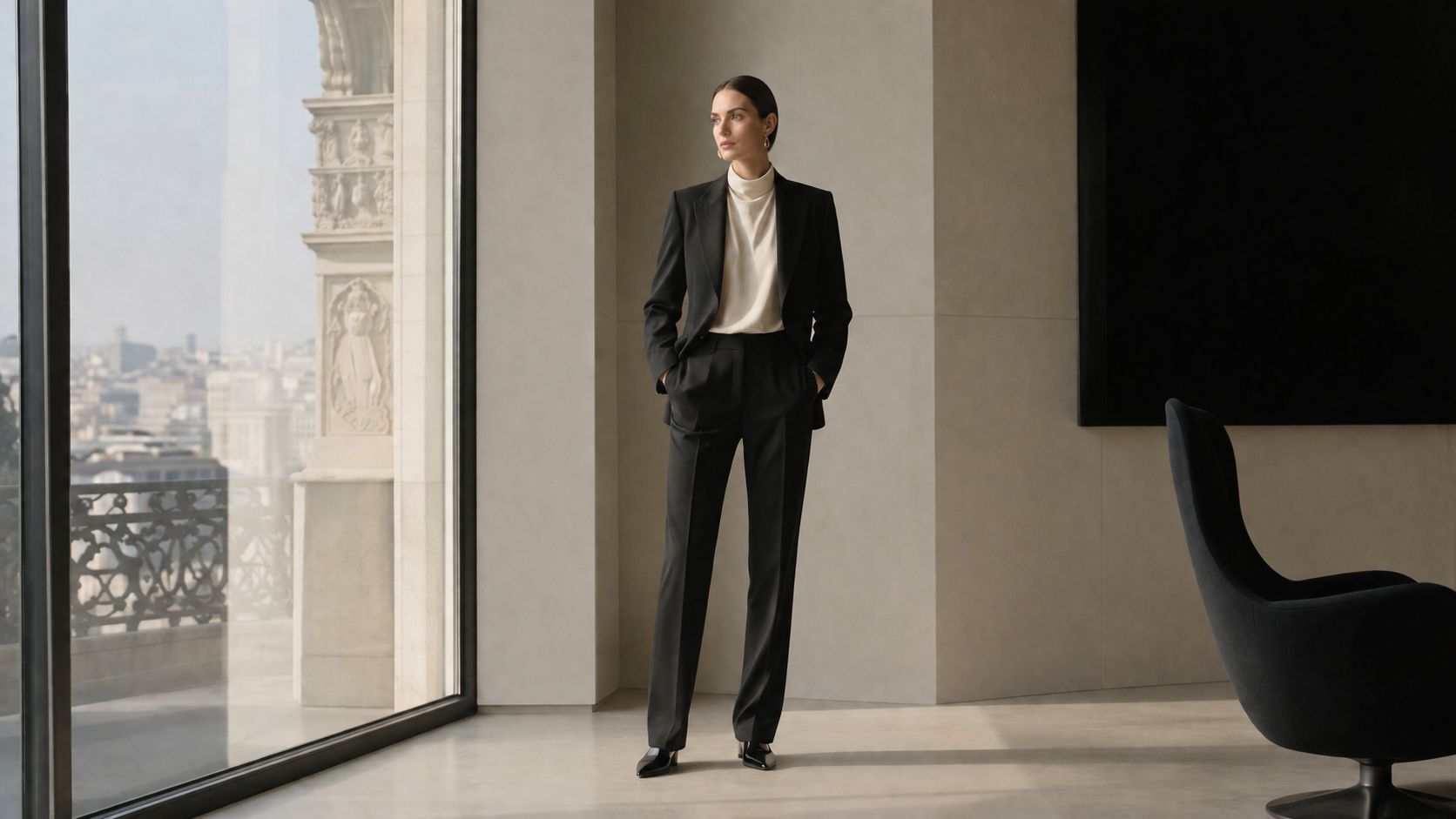 A chic woman in a black pantsuit and cream turtleneck posing in a modern, elegant office interior.