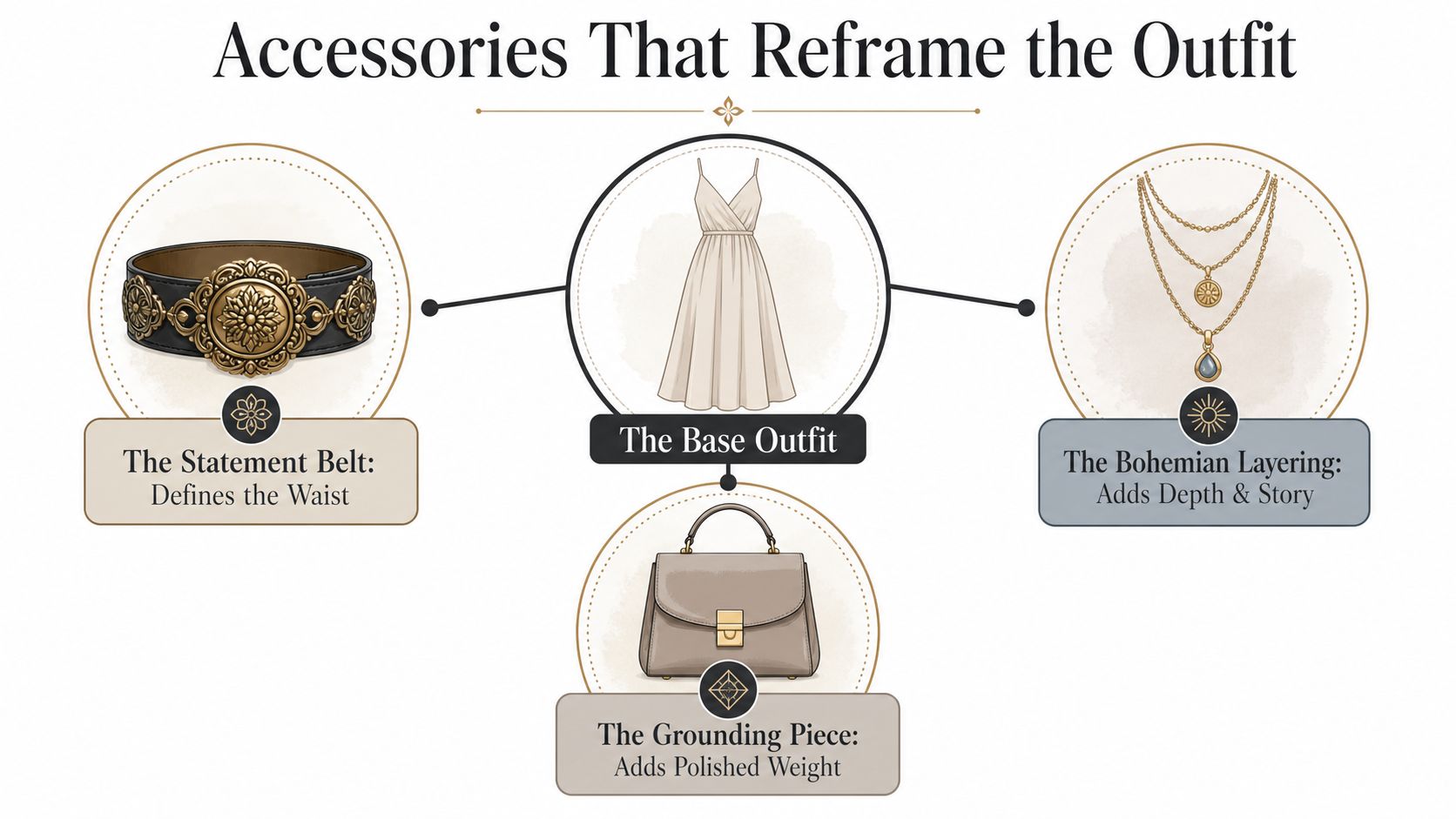 A fashion diagram showing how to style a white dress with a belt, necklace, and handbag.
