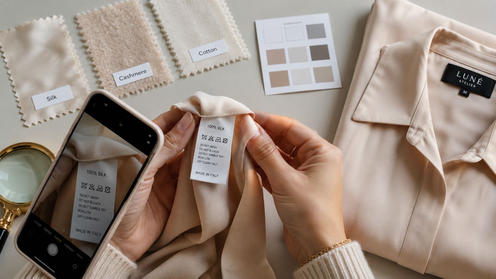 A person using a smartphone to photograph the fabric care label on a luxurious silk shirt.
