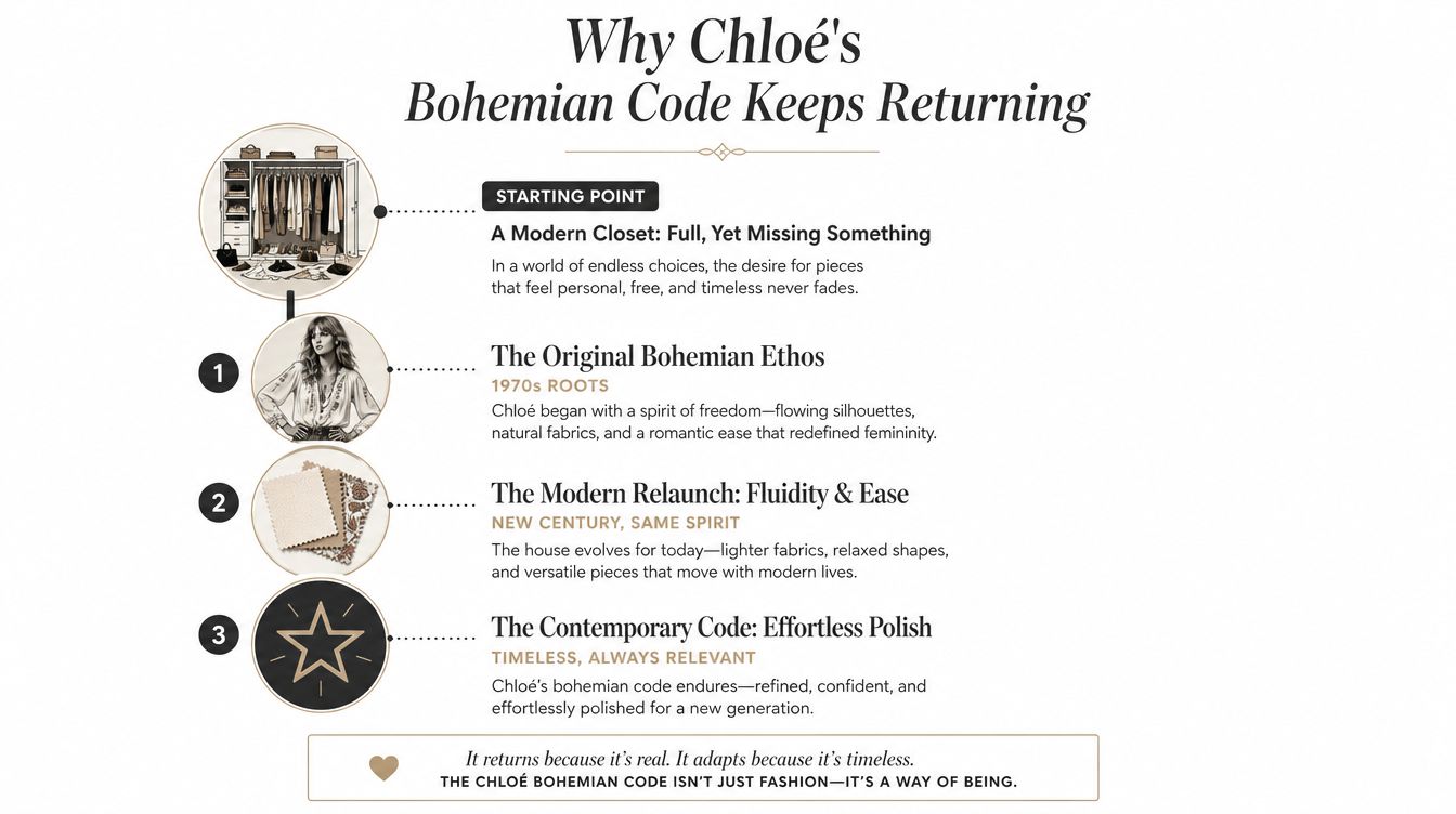 An infographic detailing the evolution and timeless appeal of Chloé's iconic bohemian fashion style through history.