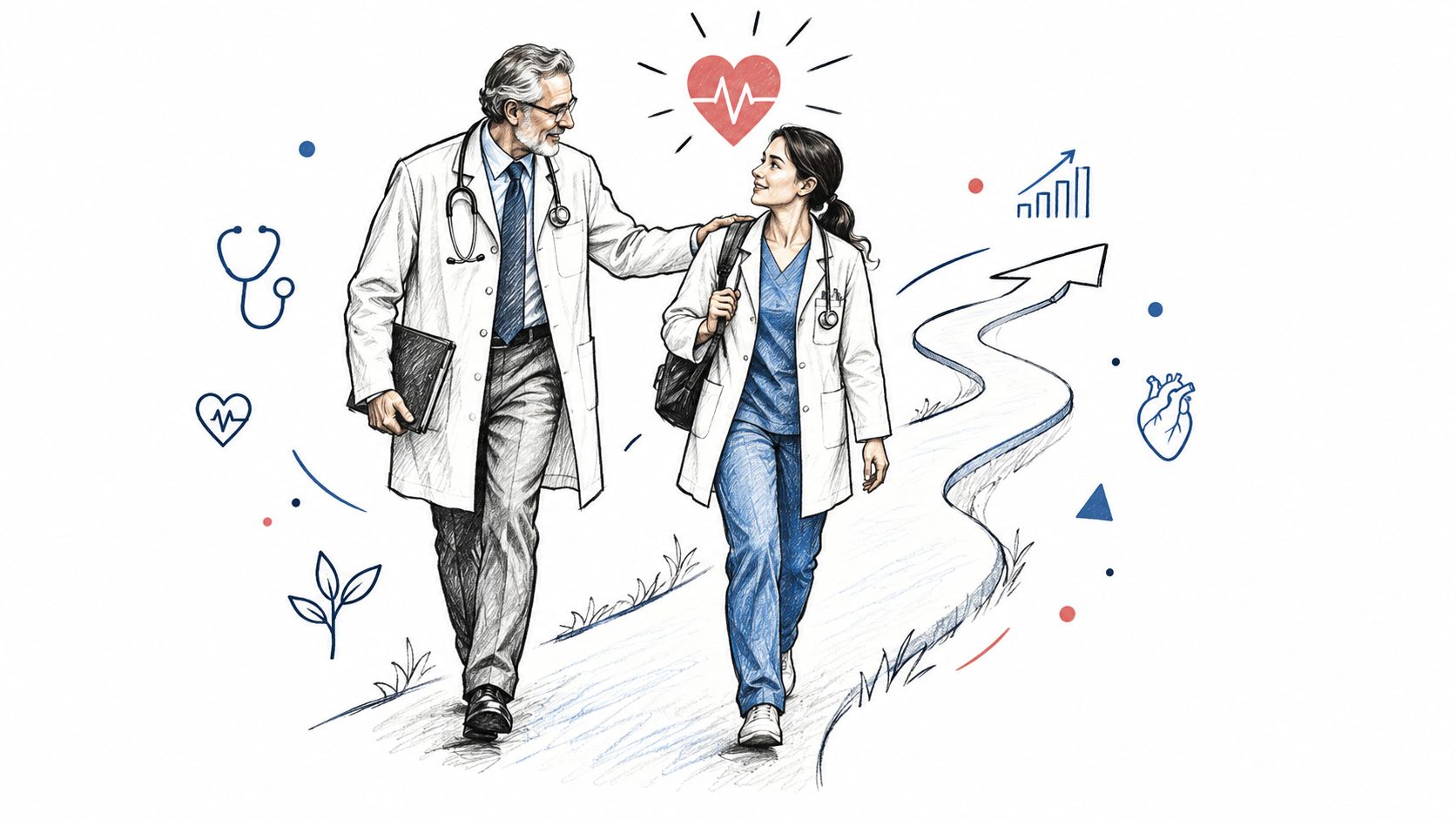 An experienced male physician mentoring a younger female doctor as they walk together on a path.