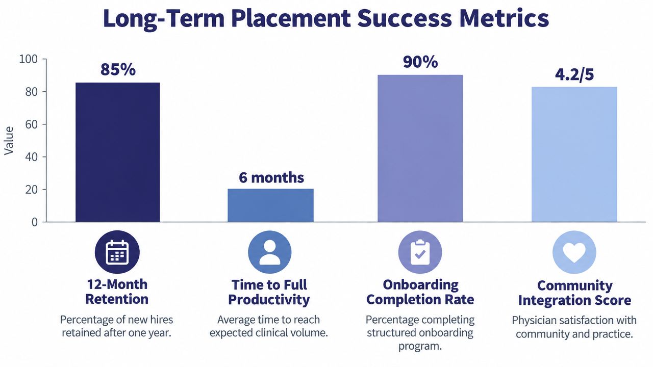 A bar chart showing four key performance metrics for long-term physician placement success, including retention and satisfaction.