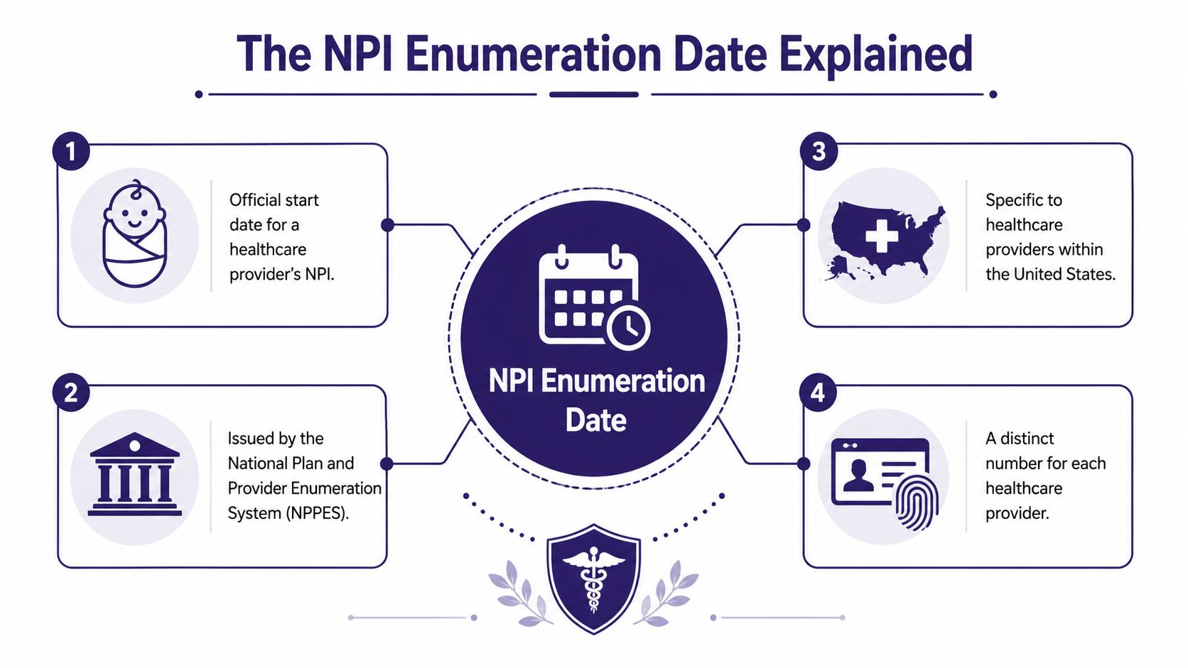 An infographic titled The NPI Enumeration Date Explained, detailing four key characteristics of healthcare provider NPI dates.