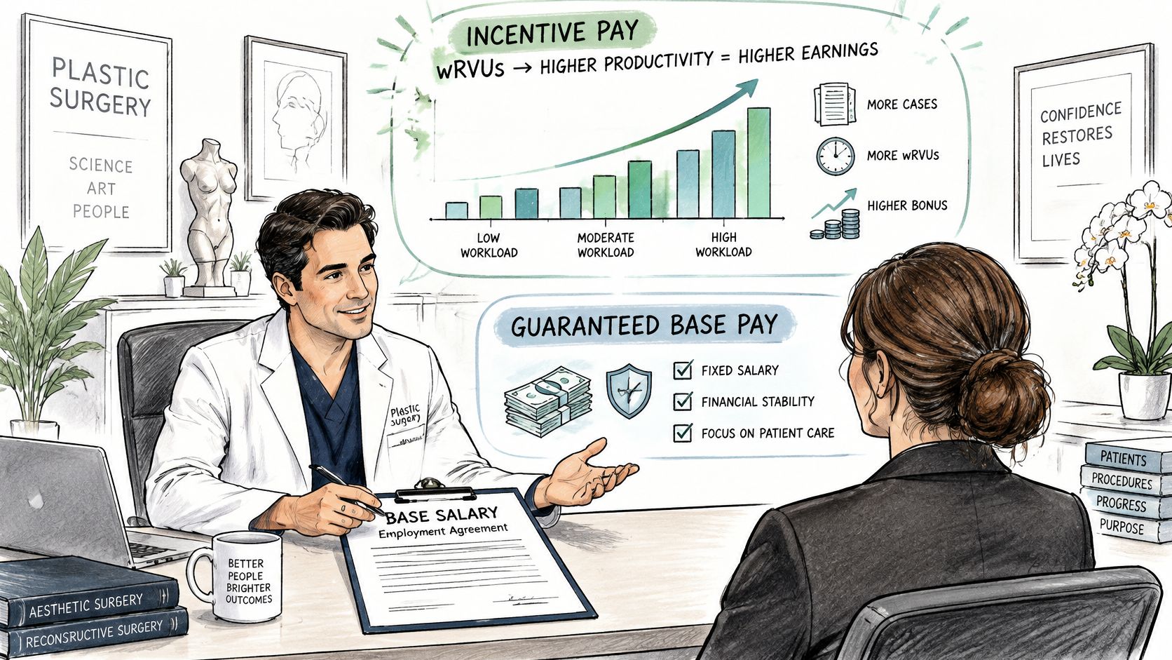 A plastic surgeon discusses employment agreement terms like base salary and incentive pay with a job candidate.