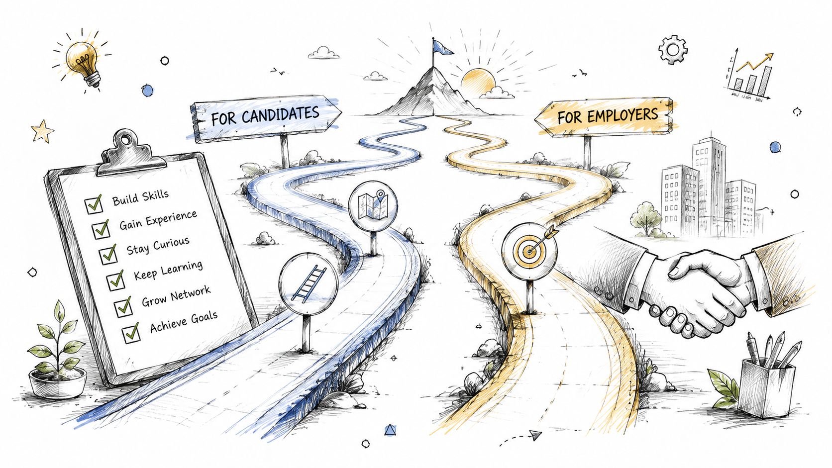 A hand-drawn illustration showing a path for candidates and employers leading toward a mountain summit career goal.