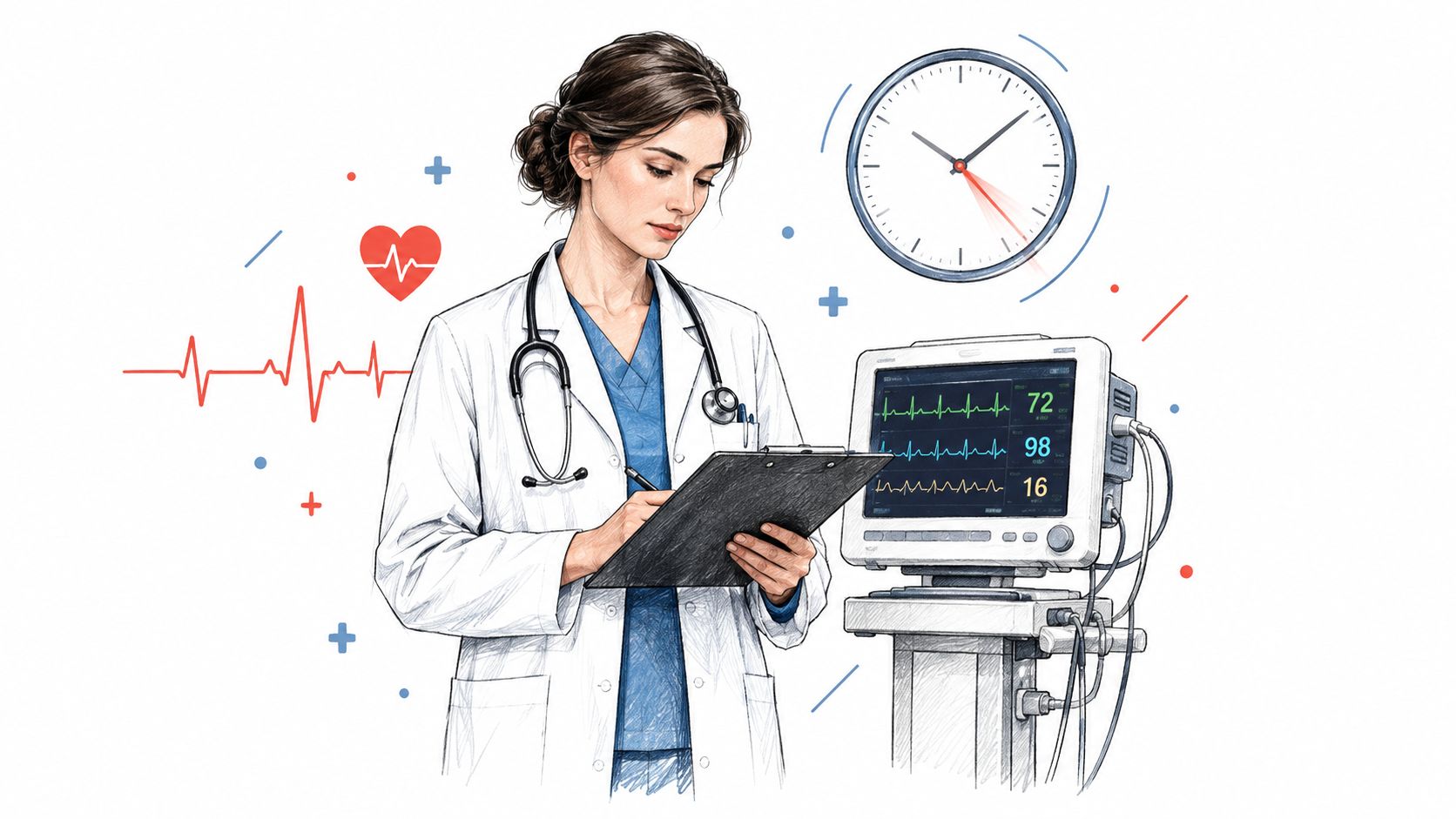 A professional doctor in a white coat reviewing medical data on a clipboard next to a monitor.