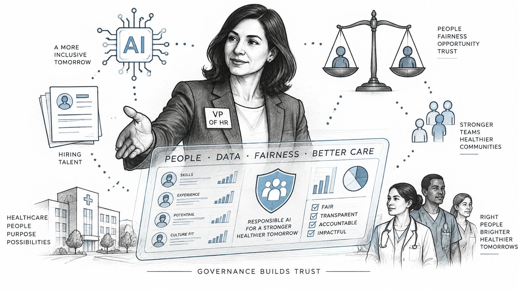 A VP of HR illustration showing AI integration in human resources for healthcare with fairness and governance.