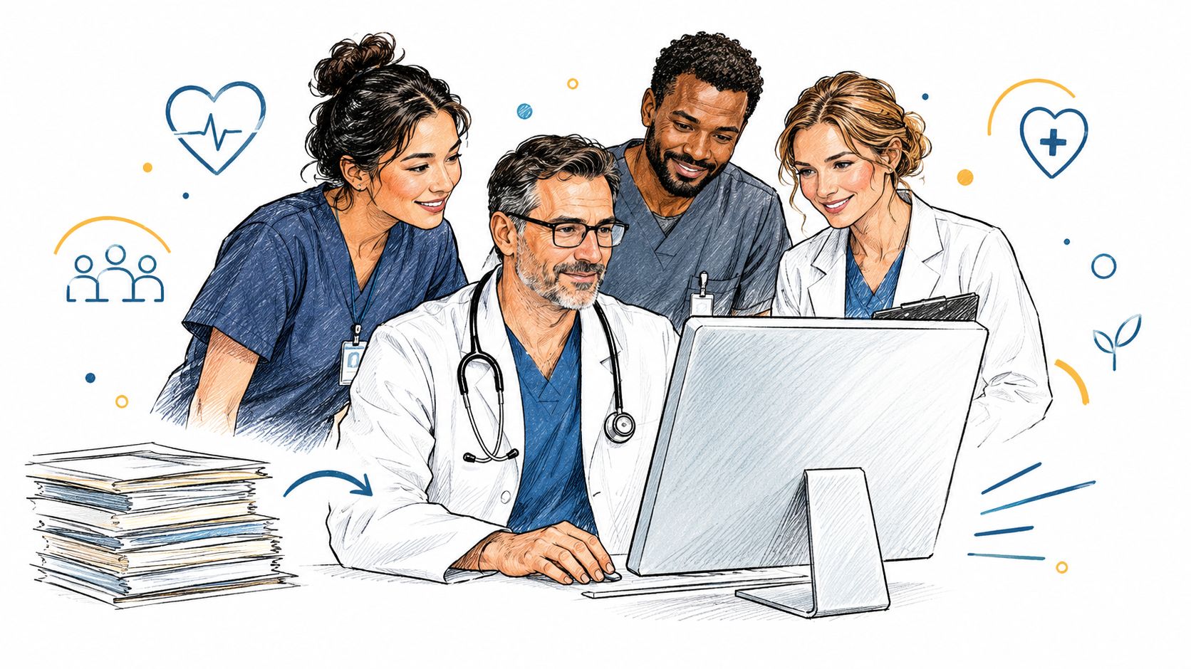 A diverse team of medical professionals working together at a computer to improve physician retention strategies.