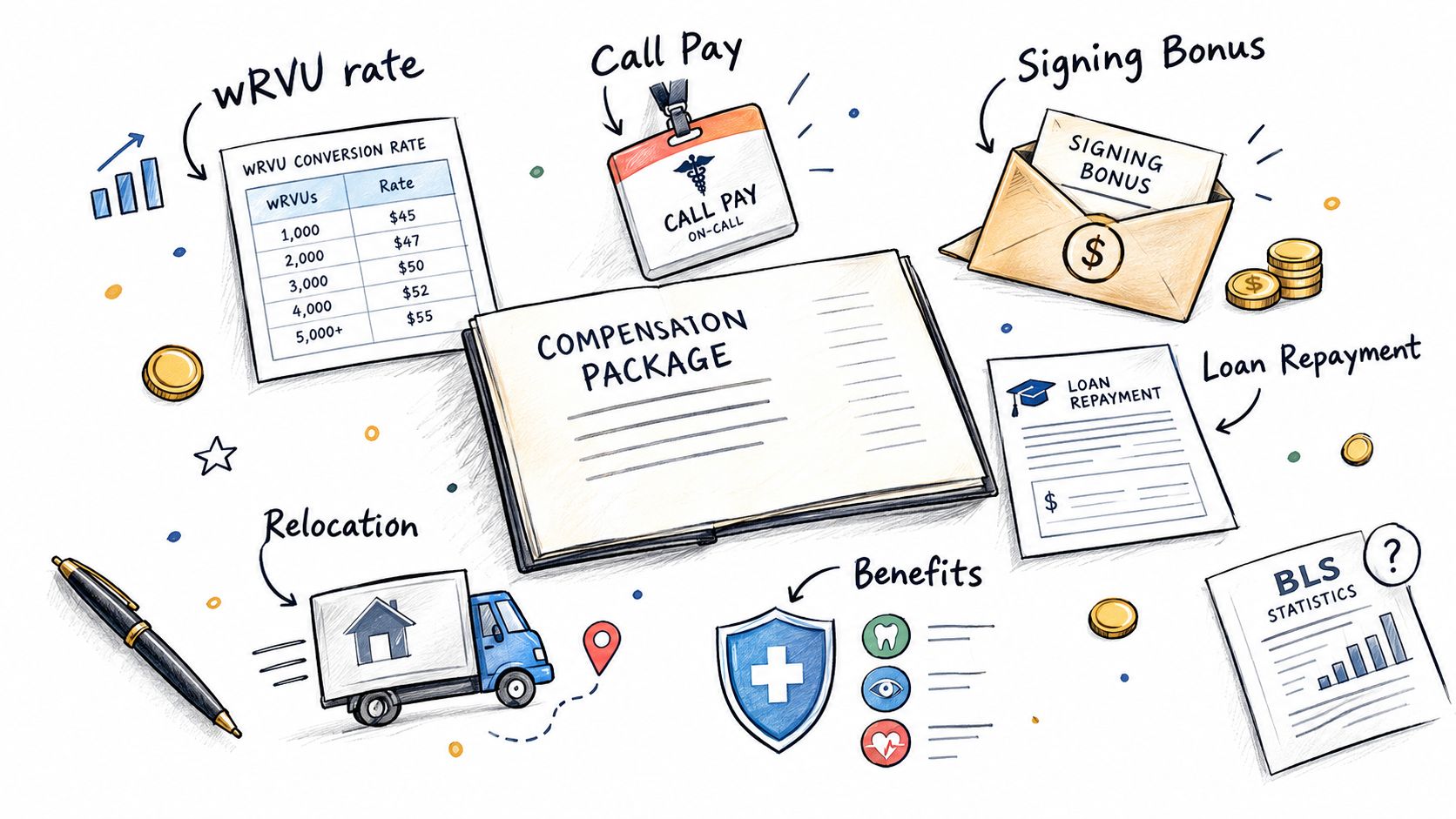 An illustration showing various components of a physician compensation package including bonuses, benefits, and call pay rates.