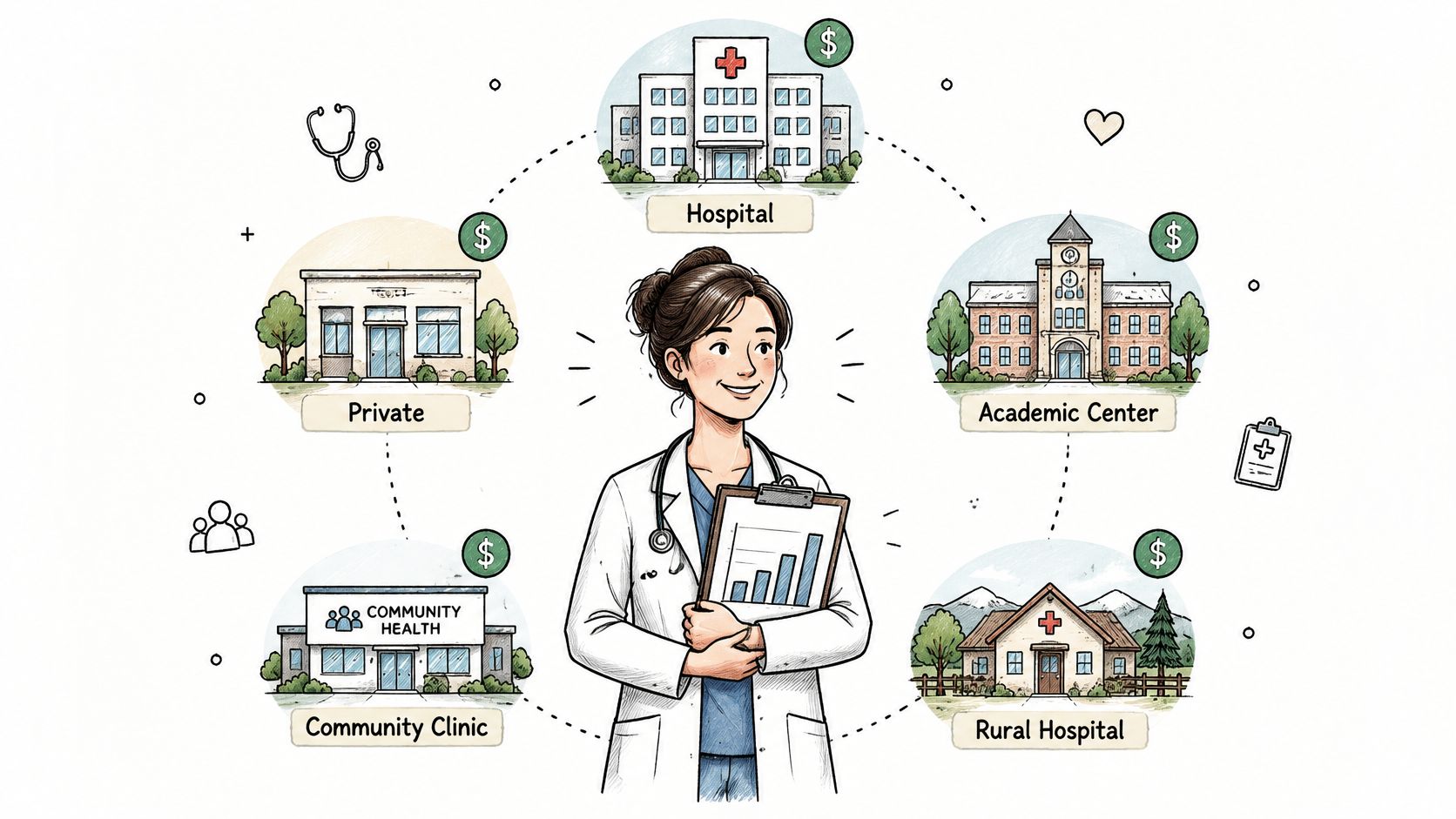 A female doctor holding a clipboard with charts, surrounded by various healthcare facility options and financial symbols.