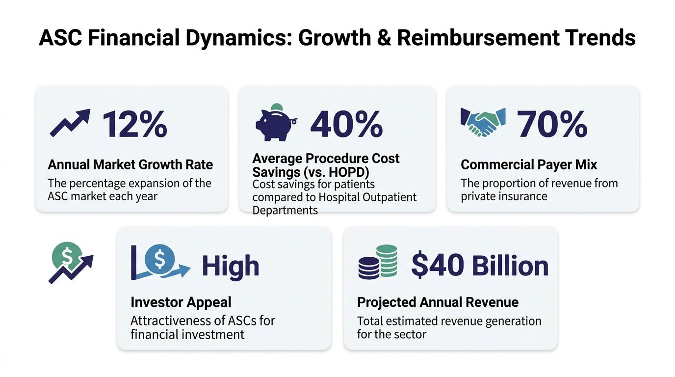 An infographic showing key financial statistics and growth trends for the ambulatory surgery center market sector.
