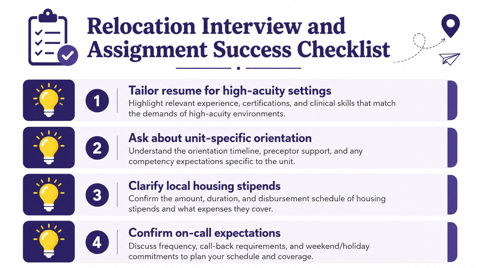 A checklist titled Relocation Interview and Assignment Success featuring four tips for travel nurse career transitions.