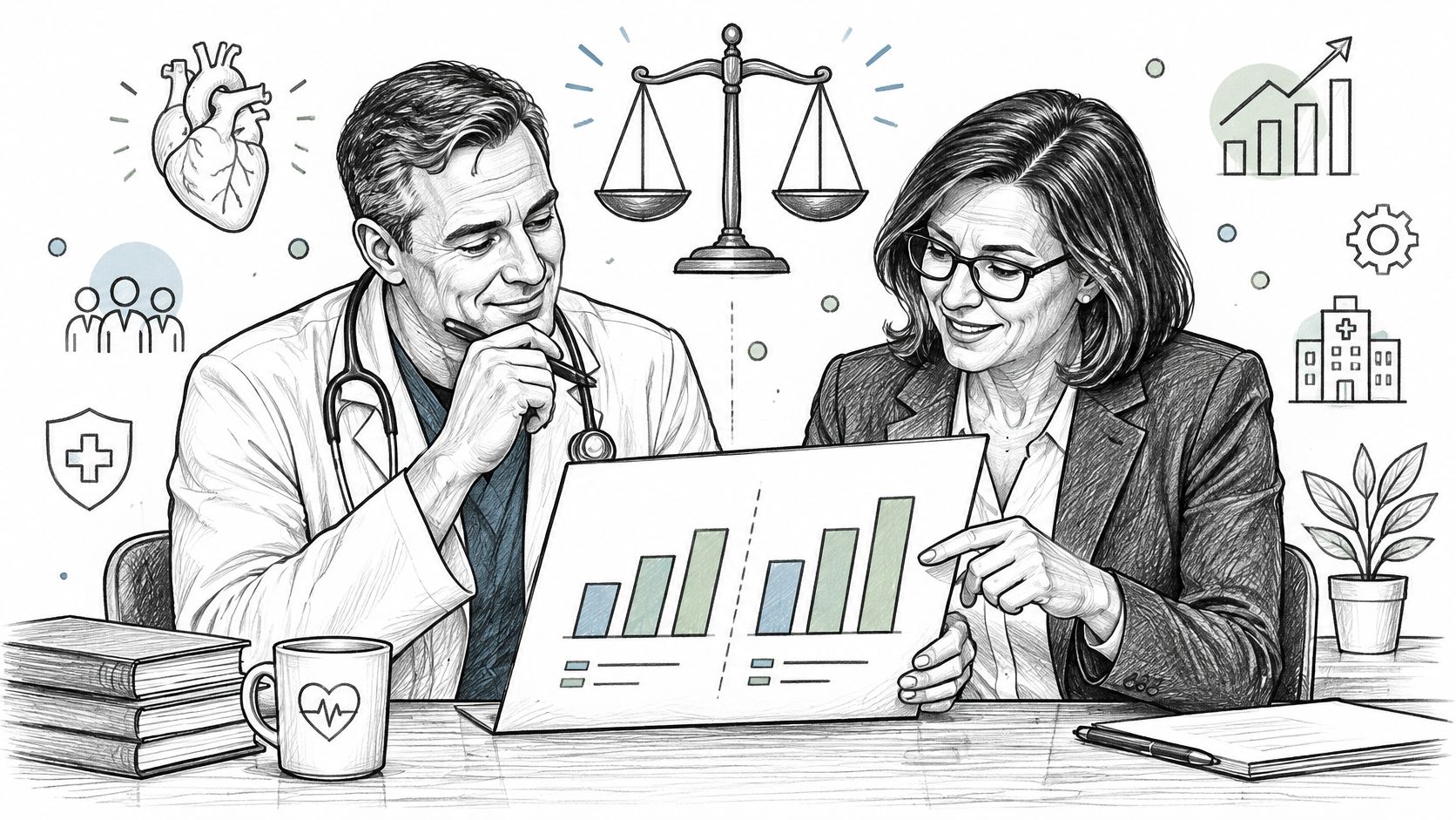 A doctor and a professional consulting over data charts with various healthcare and legal iconography illustrated.