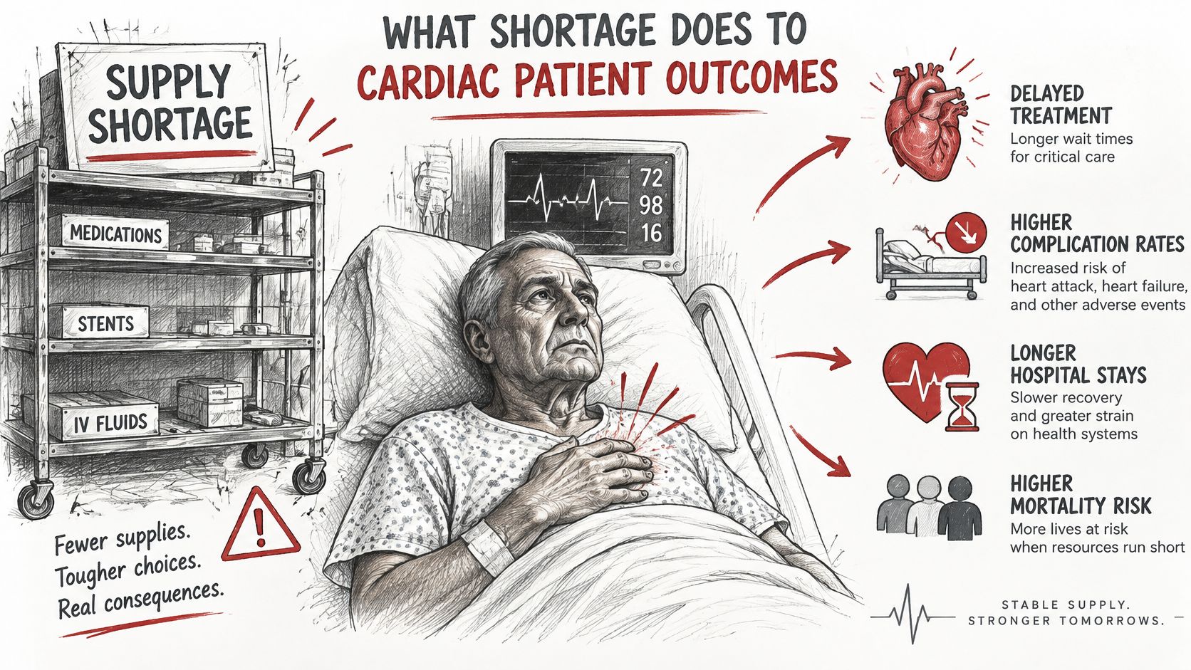 A medical illustration showing how supply shortages impact cardiac patient outcomes, recovery times, and mortality risks.