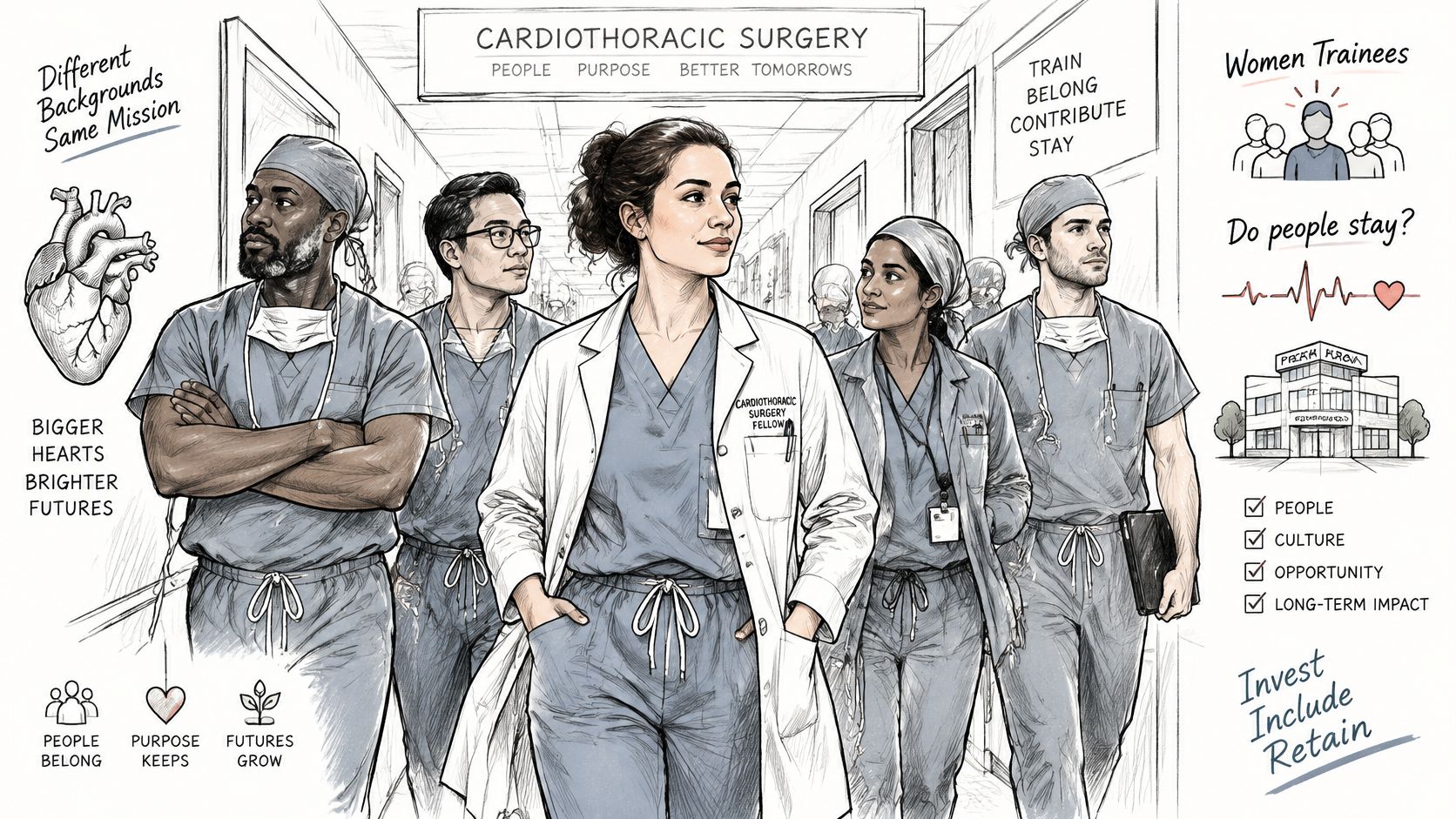 A diverse group of cardiothoracic surgery fellows and residents walking together in a hospital hallway.