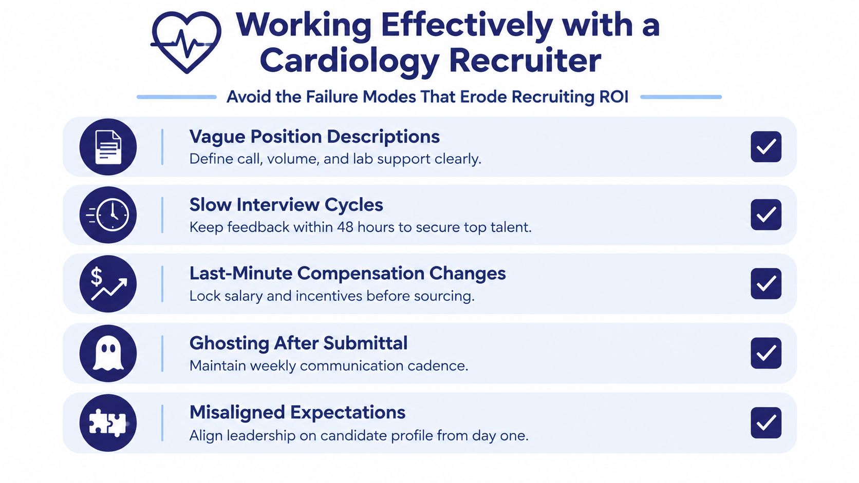 A list of five tips to improve cardiology recruiting efficiency by avoiding common hiring pitfalls and mistakes.
