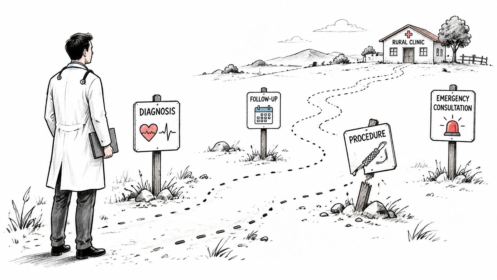 A doctor looks toward a rural clinic with signs representing diagnostic, follow-up, procedure, and emergency consultation stages.