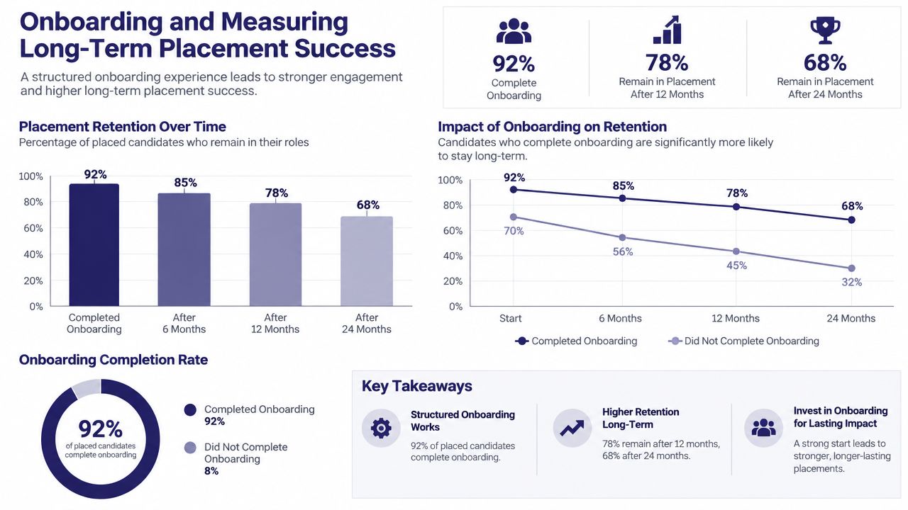 An infographic showing that structured onboarding improves long-term placement retention rates for recruited professional candidates.