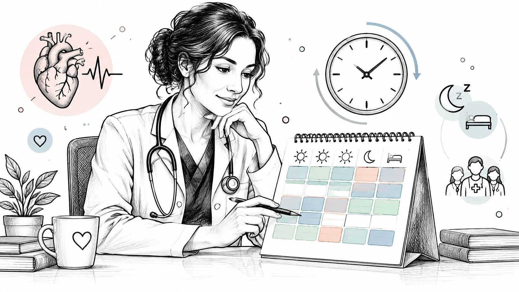 A doctor sitting at a desk reviewing a medical shift schedule with health and team icons around.