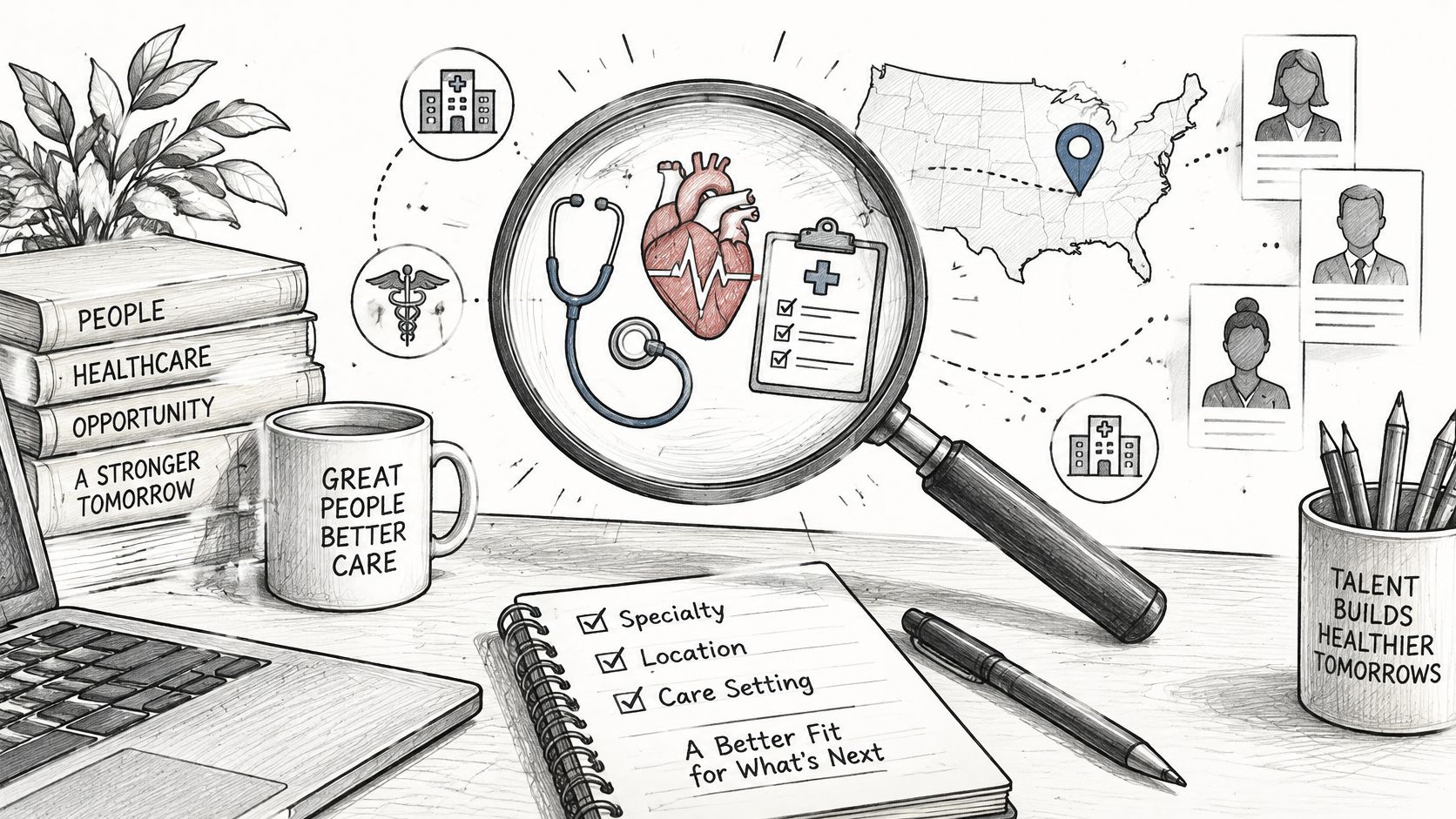 An artistic sketch of a desk with a magnifying glass over medical symbols and career search elements.