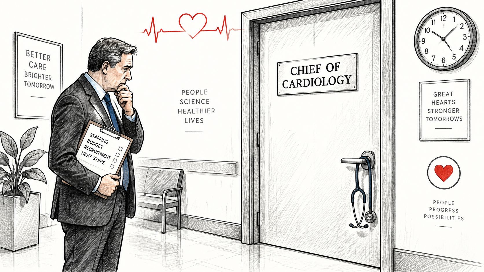A concerned executive holding a clipboard with recruitment tasks standing outside the Chief of Cardiology office door.