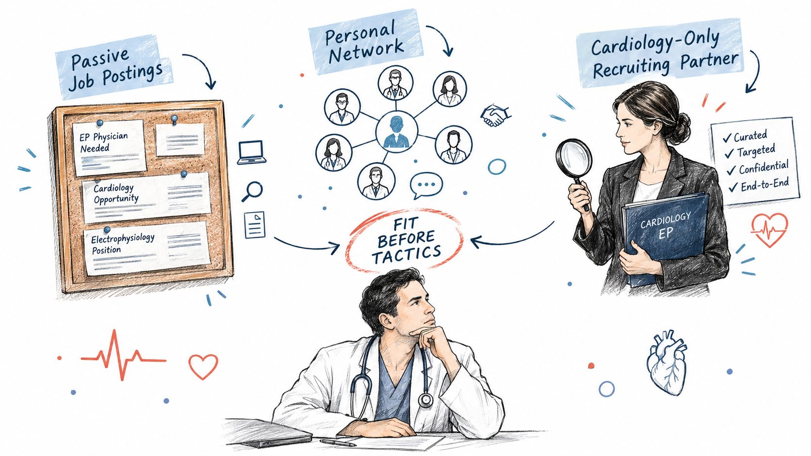 A professional illustration showing three job search methods for cardiology and electrophysiology physicians, including networking and recruiters.