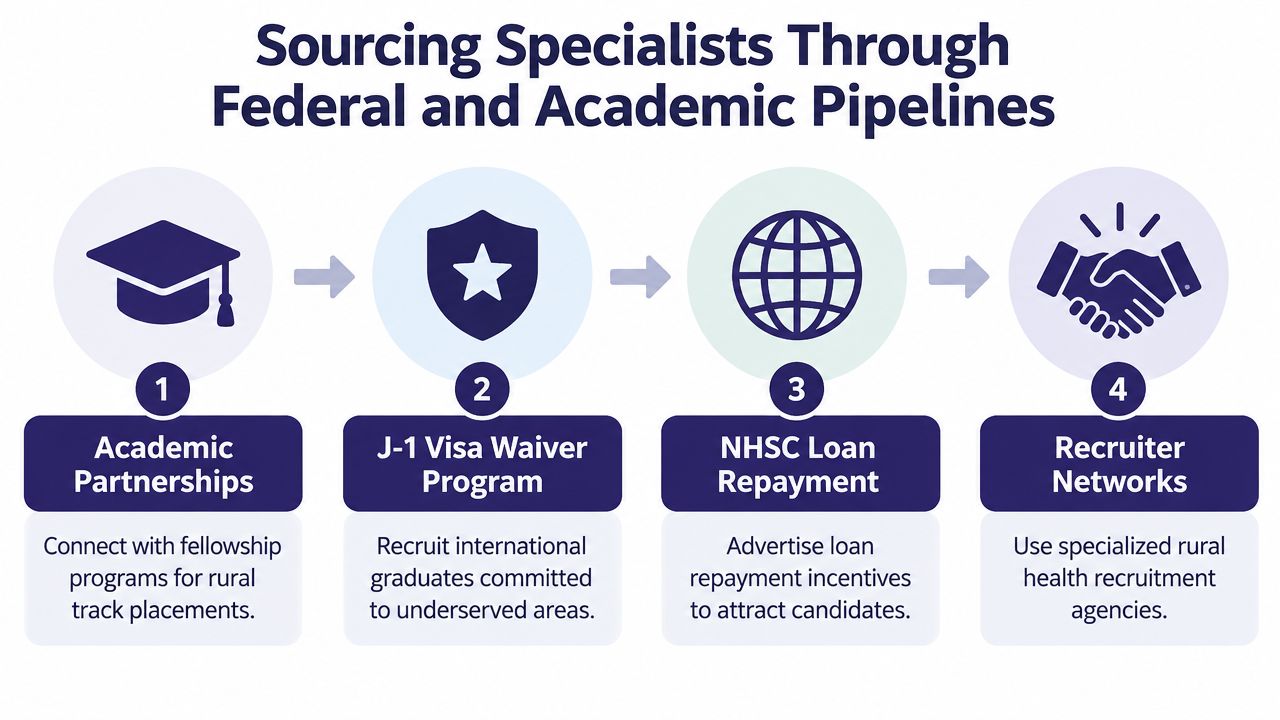 A four-step infographic illustrating strategies for sourcing medical specialists through federal and academic pipelines.
