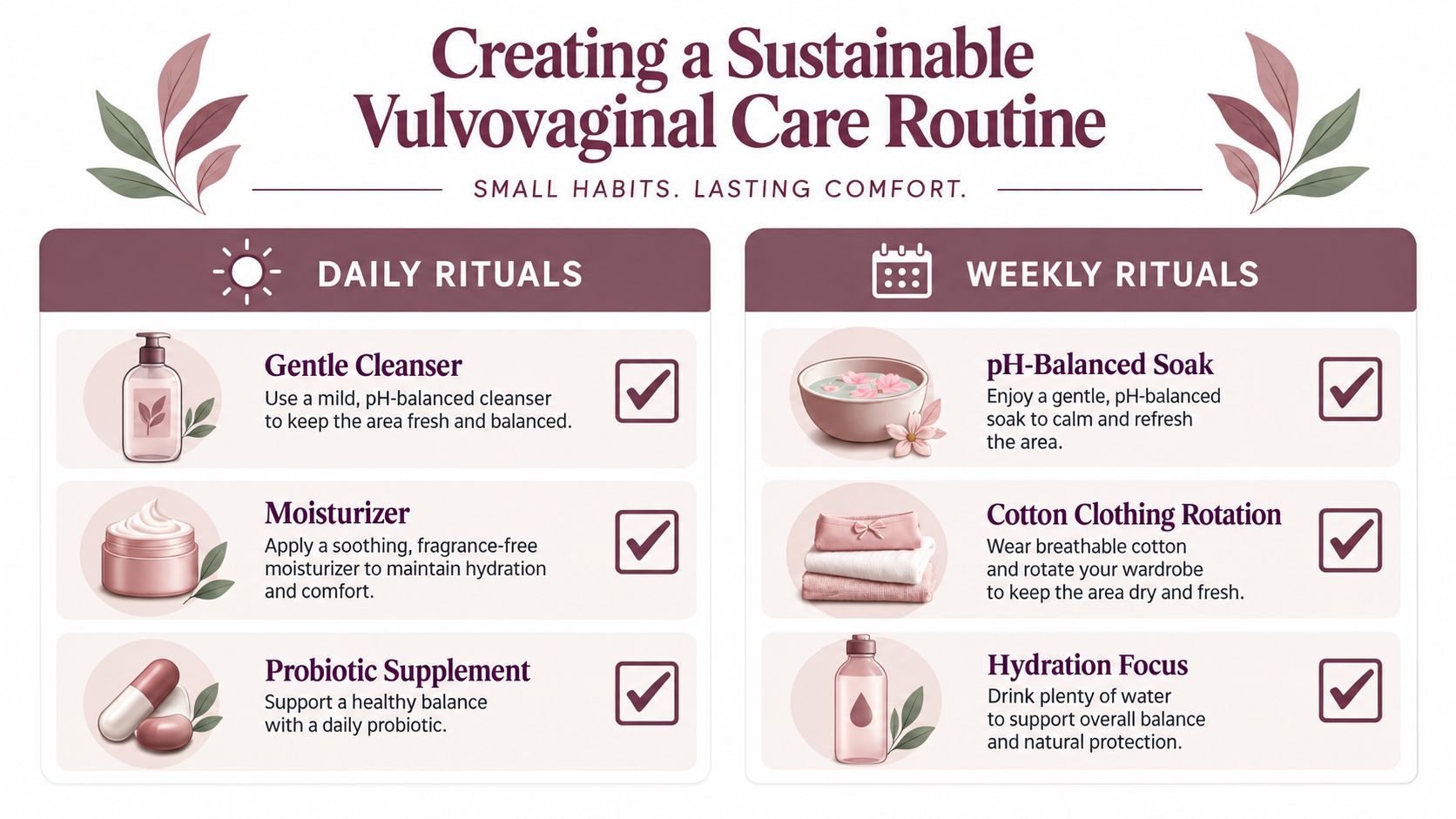 An infographic detailing daily and weekly routines for maintaining sustainable, healthy, and comfortable vulvovaginal hygiene.