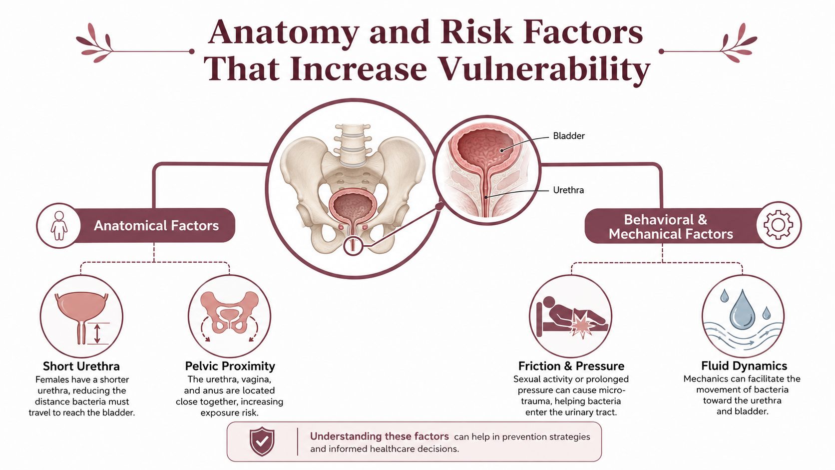 An infographic detailing anatomical and behavioral risk factors that increase susceptibility to urinary tract infections in women.