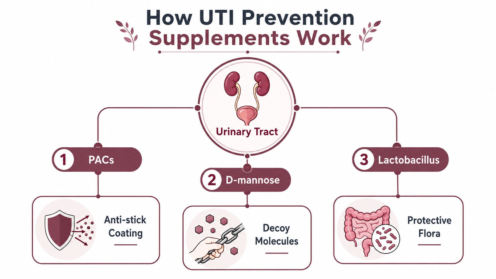 A diagram illustrating how three different supplements, PACs, D-mannose, and Lactobacillus, work to prevent urinary tract infections.