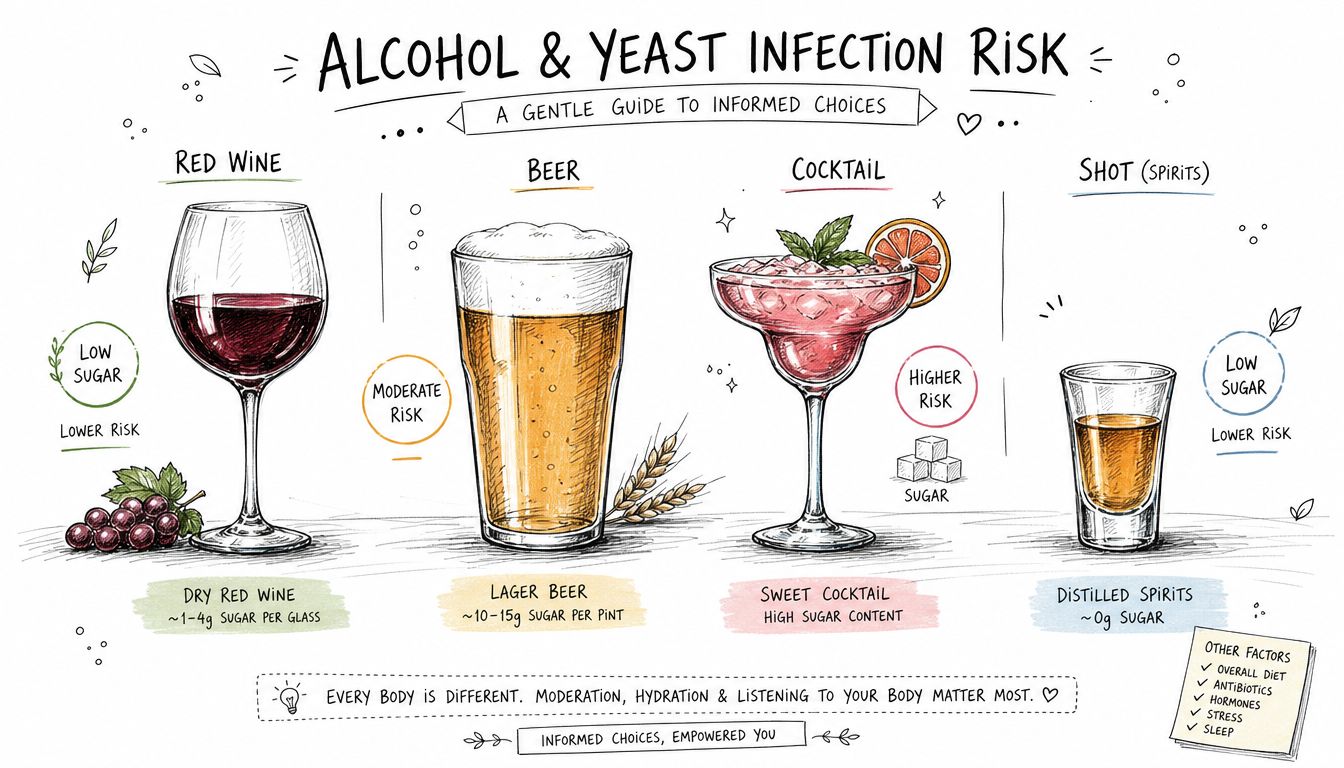 An infographic showing the sugar content of red wine, beer, cocktails, and spirits in relation to yeast infection risk.