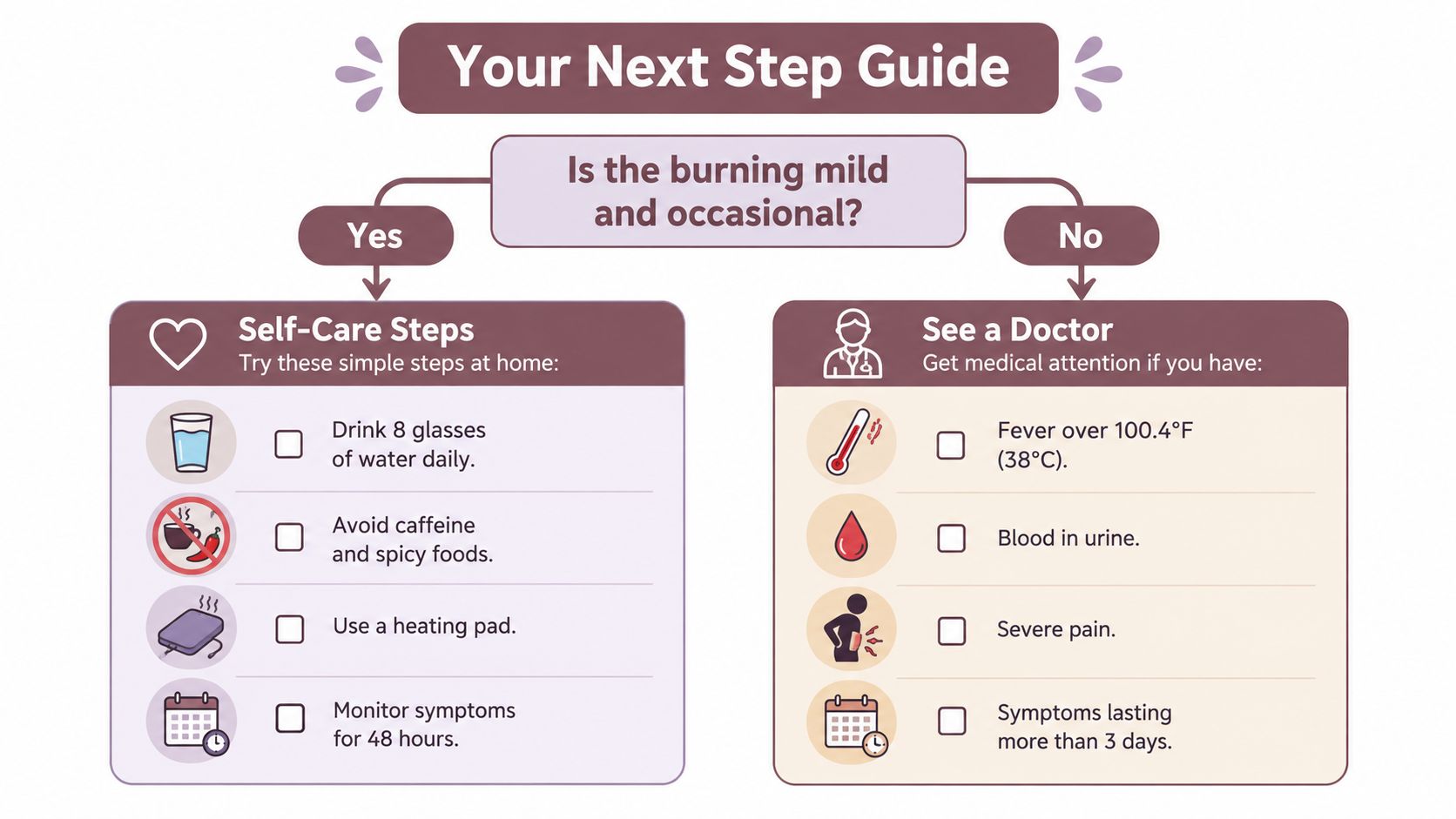 A flow chart titled Your Next Step Guide helping individuals decide between self-care or seeing a doctor.