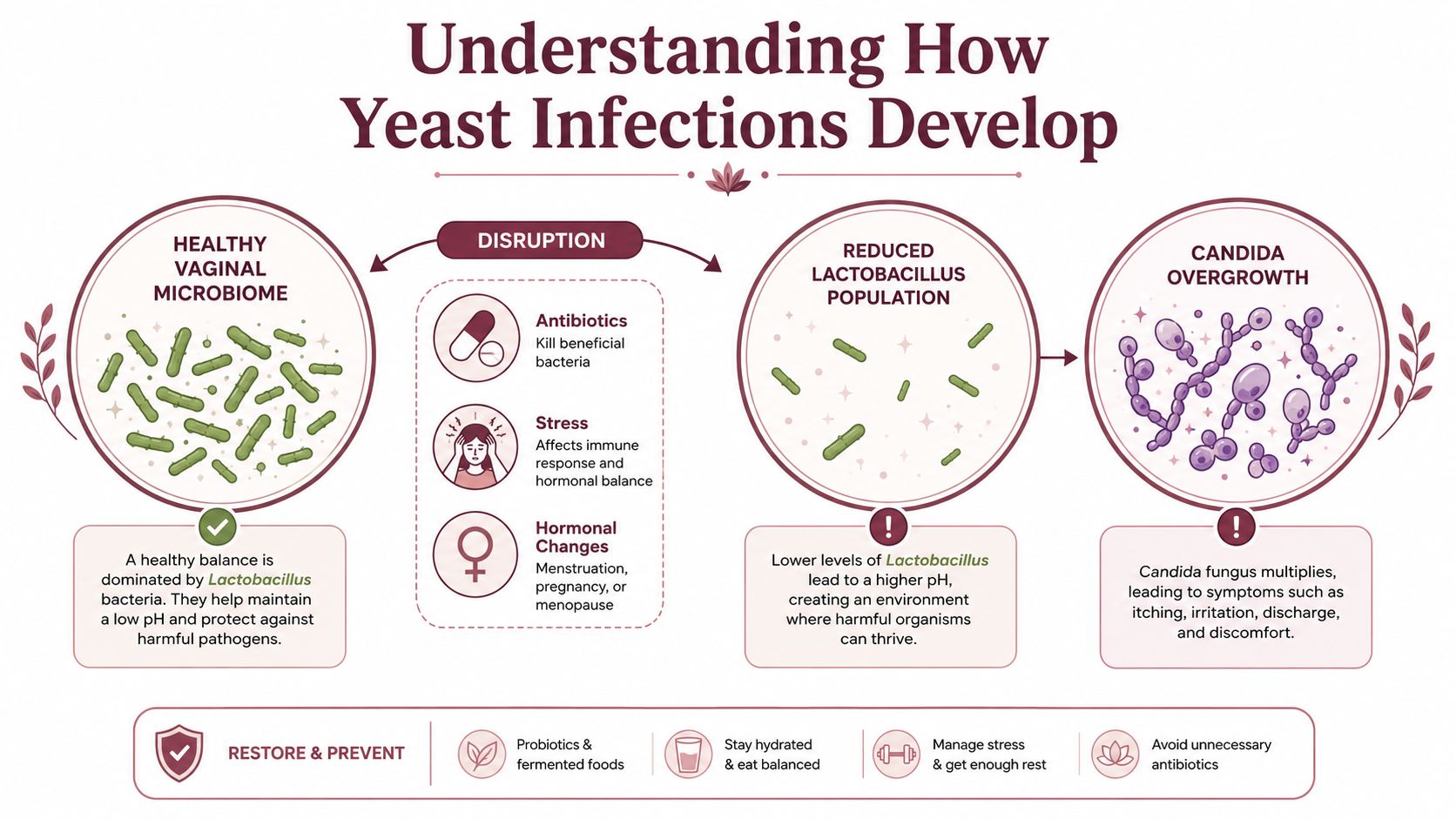 An infographic showing the causes of vaginal yeast infections and tips for maintaining a healthy microbiome.