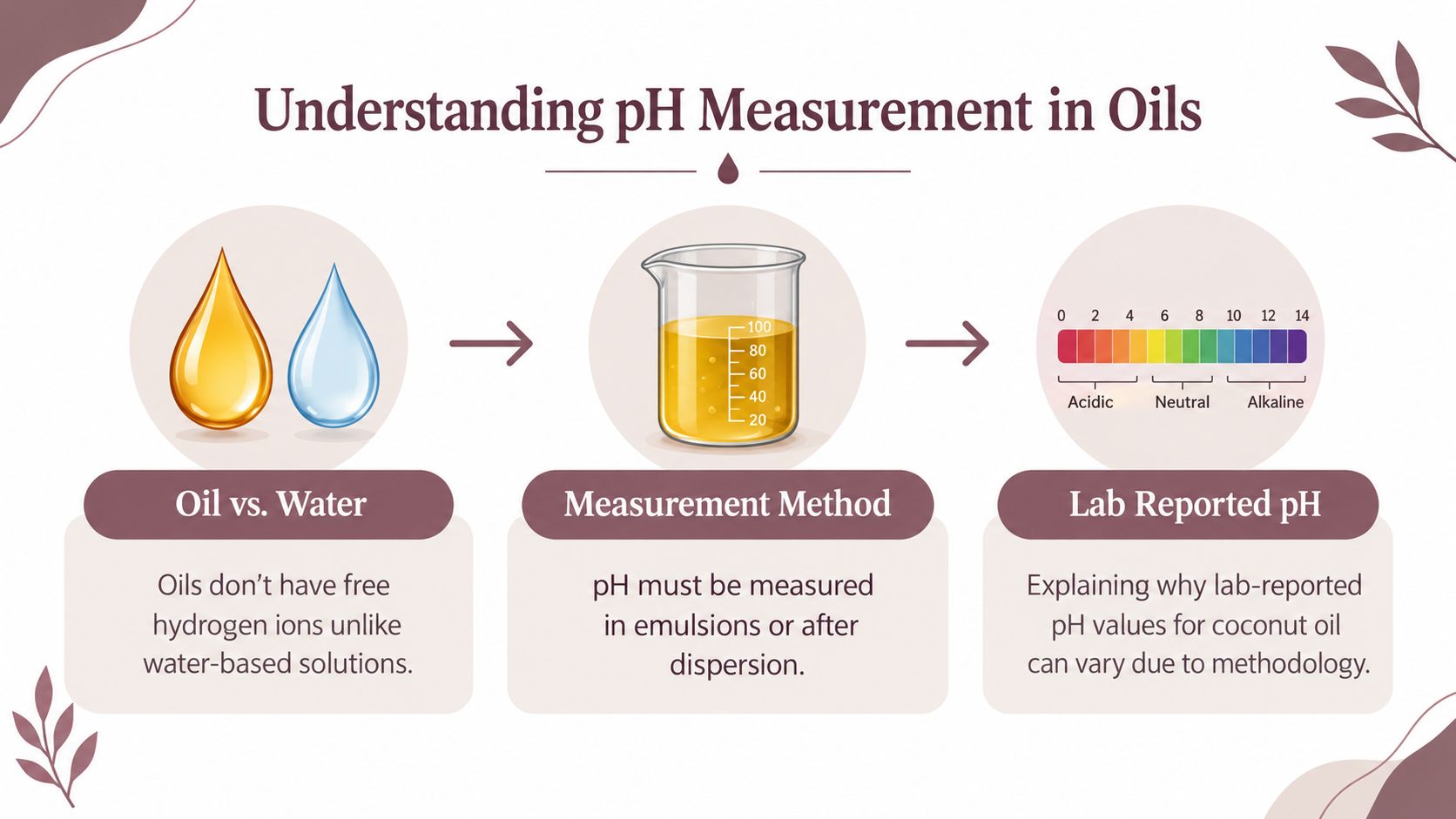 An infographic explaining that oils like coconut oil do not have a measurable pH without water dispersion.