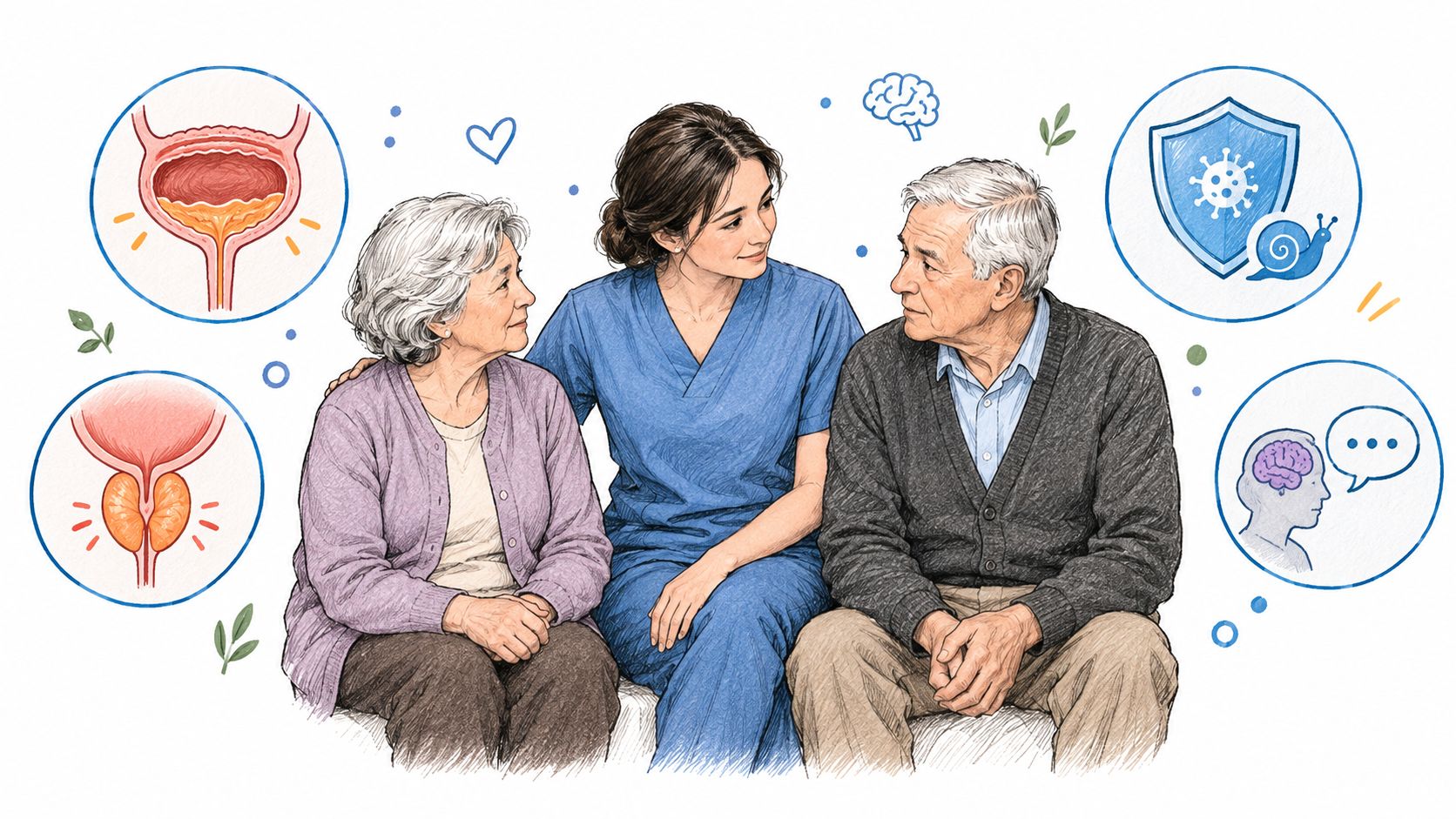 A healthcare provider comforts an elderly couple while displaying icons representing various health conditions and symptoms.
