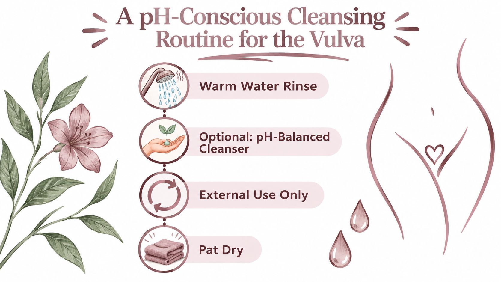 An infographic showing a four-step guide on how to perform a pH-conscious cleansing routine for the vulva.