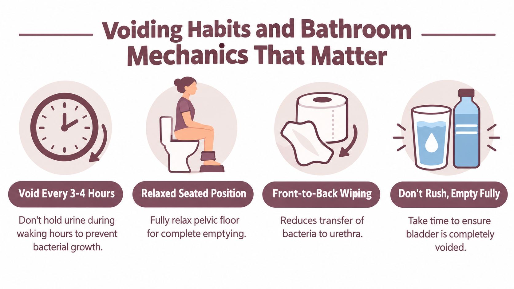 An infographic detailing healthy voiding habits and bathroom mechanics to prevent urinary tract infections in women.