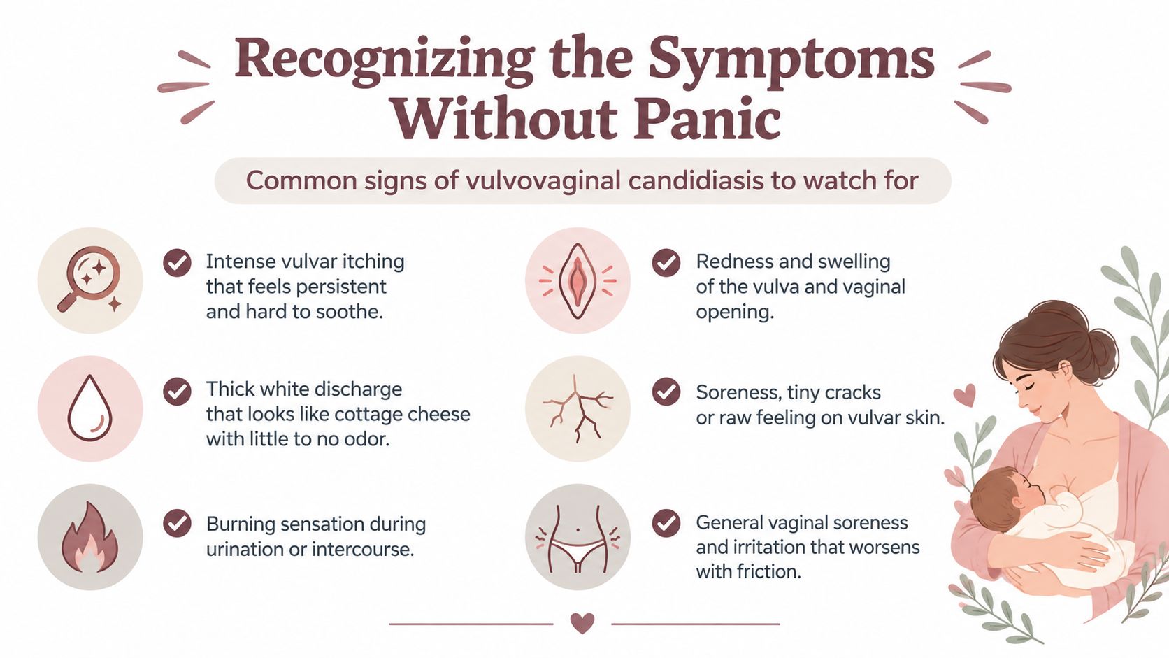 An infographic listing common symptoms of vulvovaginal candidiasis, including itching, discharge, and soreness, alongside an illustration of a breastfeeding mother.