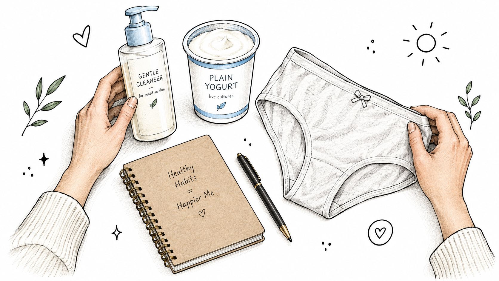 A hand-drawn illustration showing hands holding a cleanser and underwear next to yogurt and a journal.