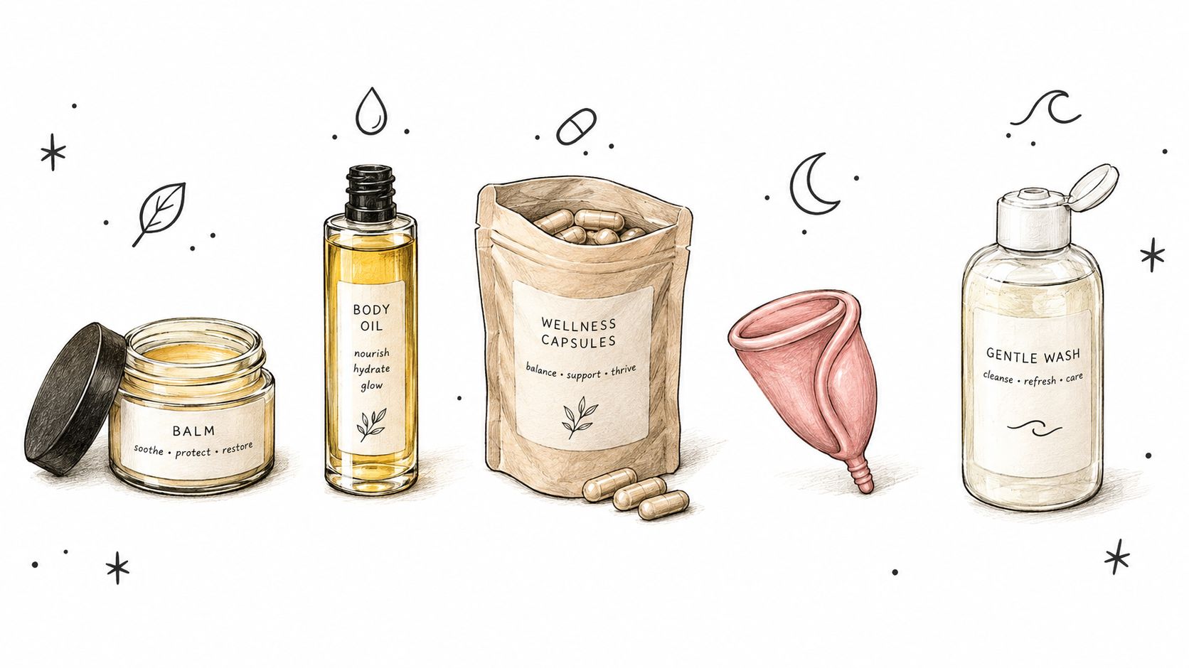 A hand-drawn illustration of natural wellness and self-care products including balm, body oil, capsules, and a menstrual cup.