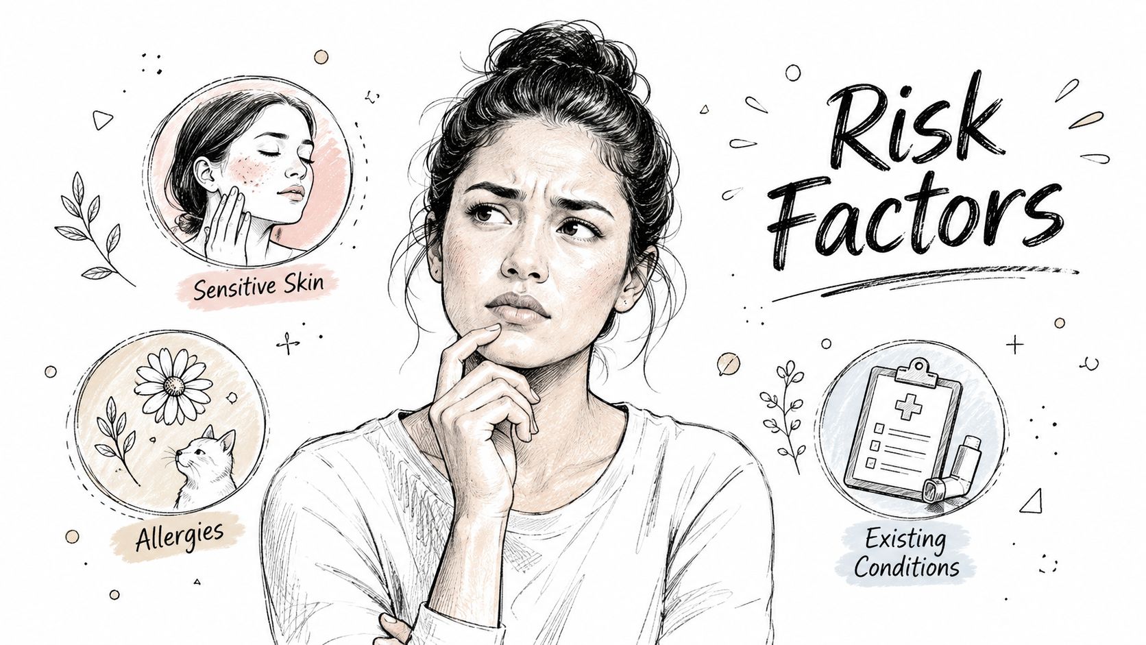 A sketched illustration of a woman contemplating health risk factors including sensitive skin, allergies, and existing conditions.