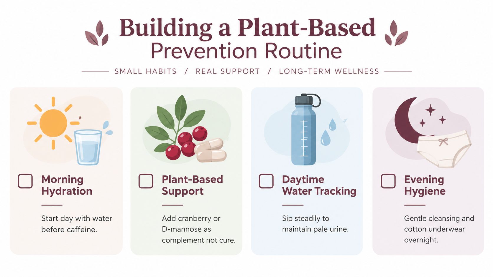 A four-step infographic showing daily habits for natural UTI prevention, including hydration, supplements, and hygiene tips.