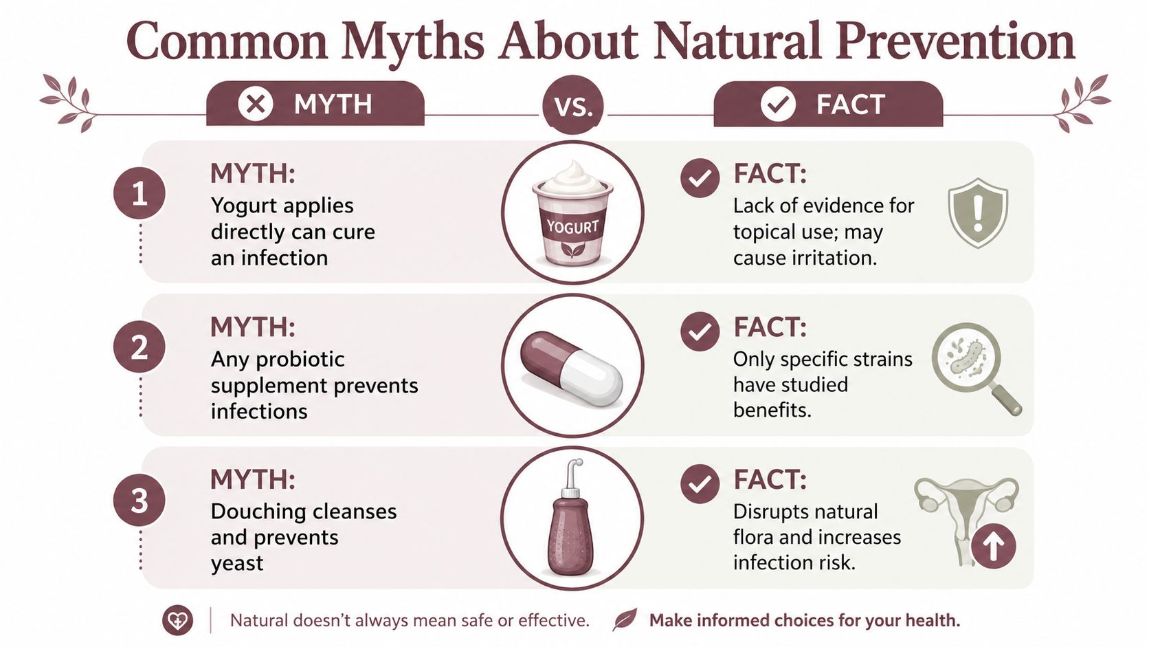An infographic debunking common myths about natural prevention methods for yeast infections using simple illustrations.