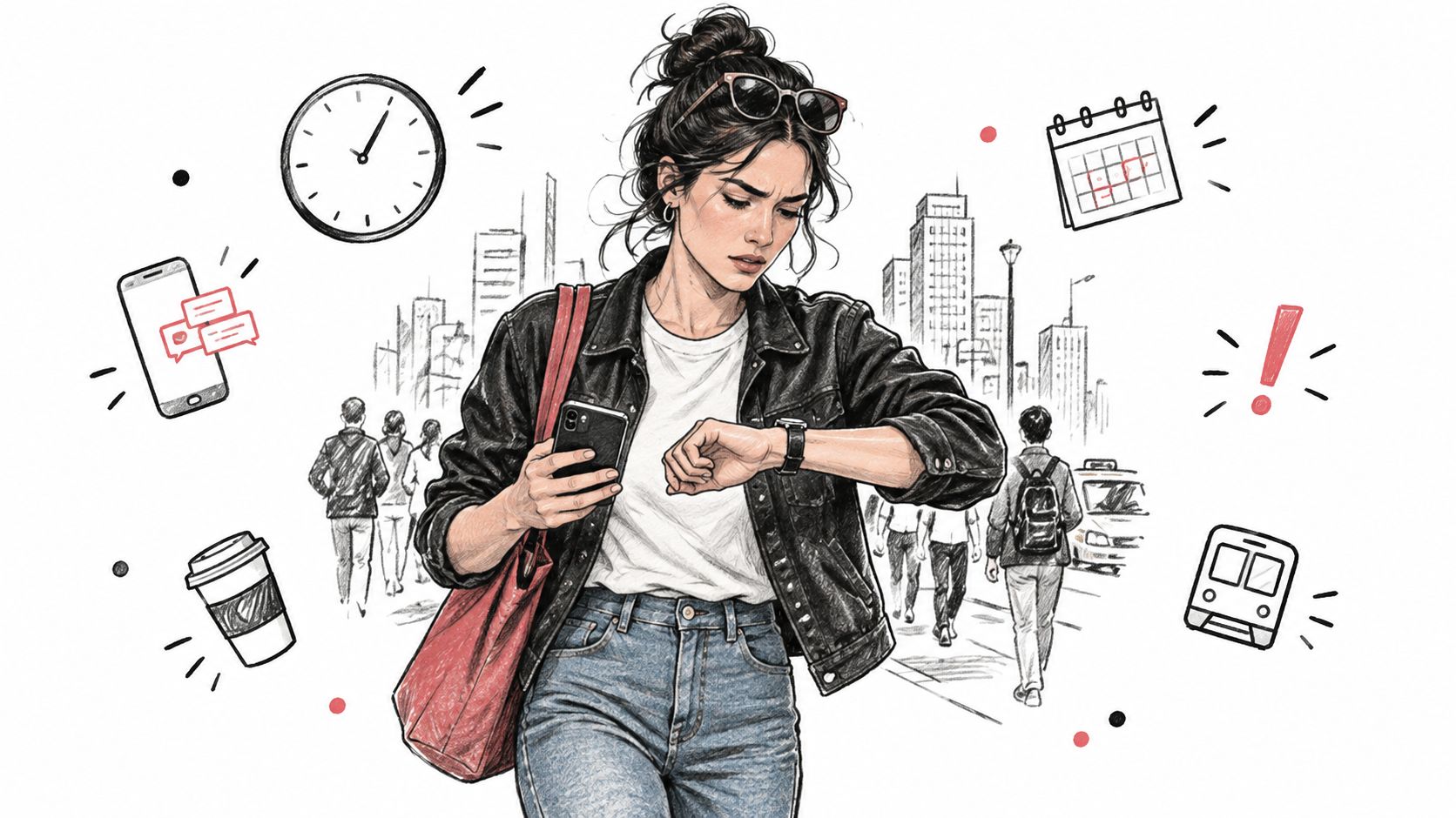 A woman checking her watch in a busy city, surrounded by icons representing a busy schedule.