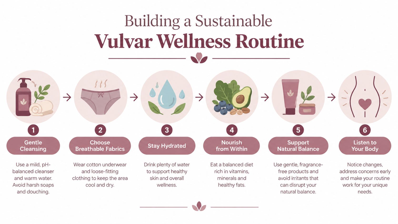 A six-step infographic on building a sustainable vulvar wellness routine, highlighting gentle cleansing, hydration, and body awareness.
