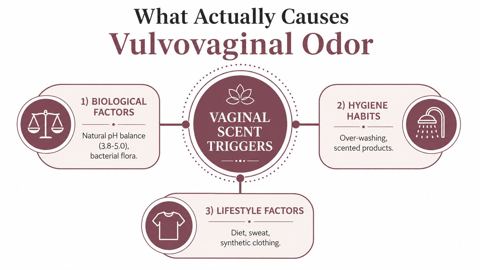A diagram explaining the three main factors that contribute to natural vulvovaginal odor, including biological, hygiene, and lifestyle.