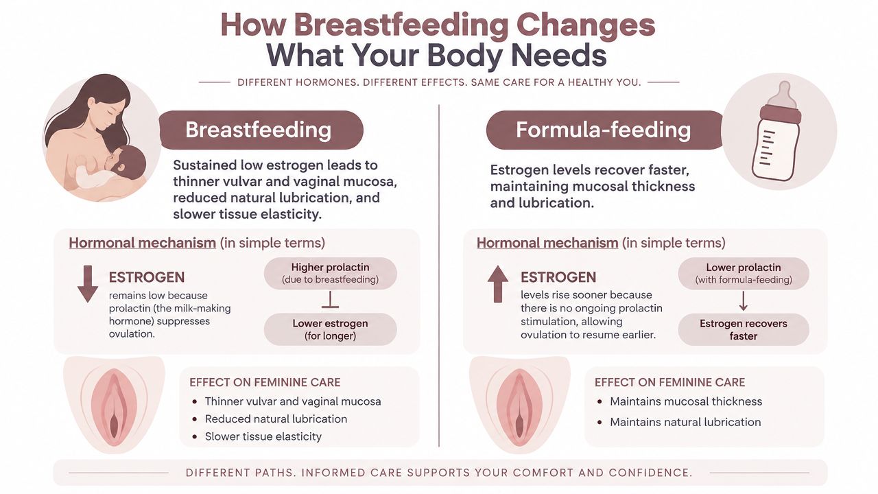 An infographic showing how breastfeeding versus formula-feeding impacts postpartum hormonal levels and feminine health symptoms.