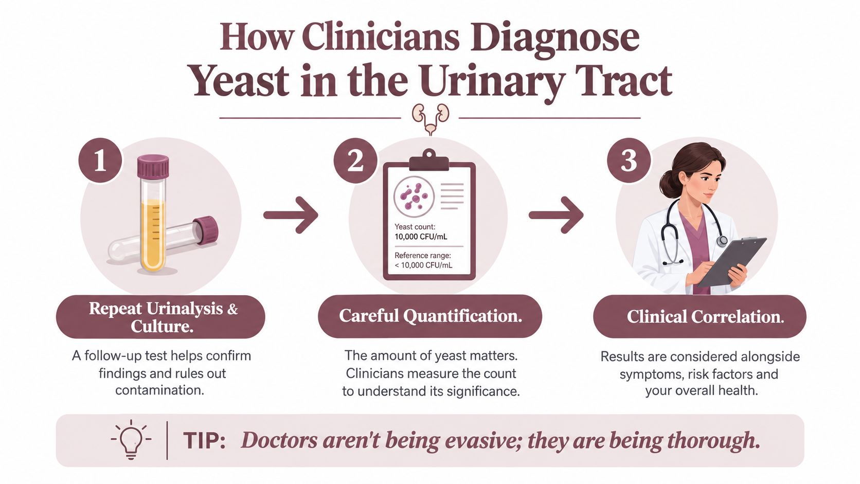 An infographic showing three steps clinicians take to diagnose yeast in the urinary tract, including testing and evaluation.