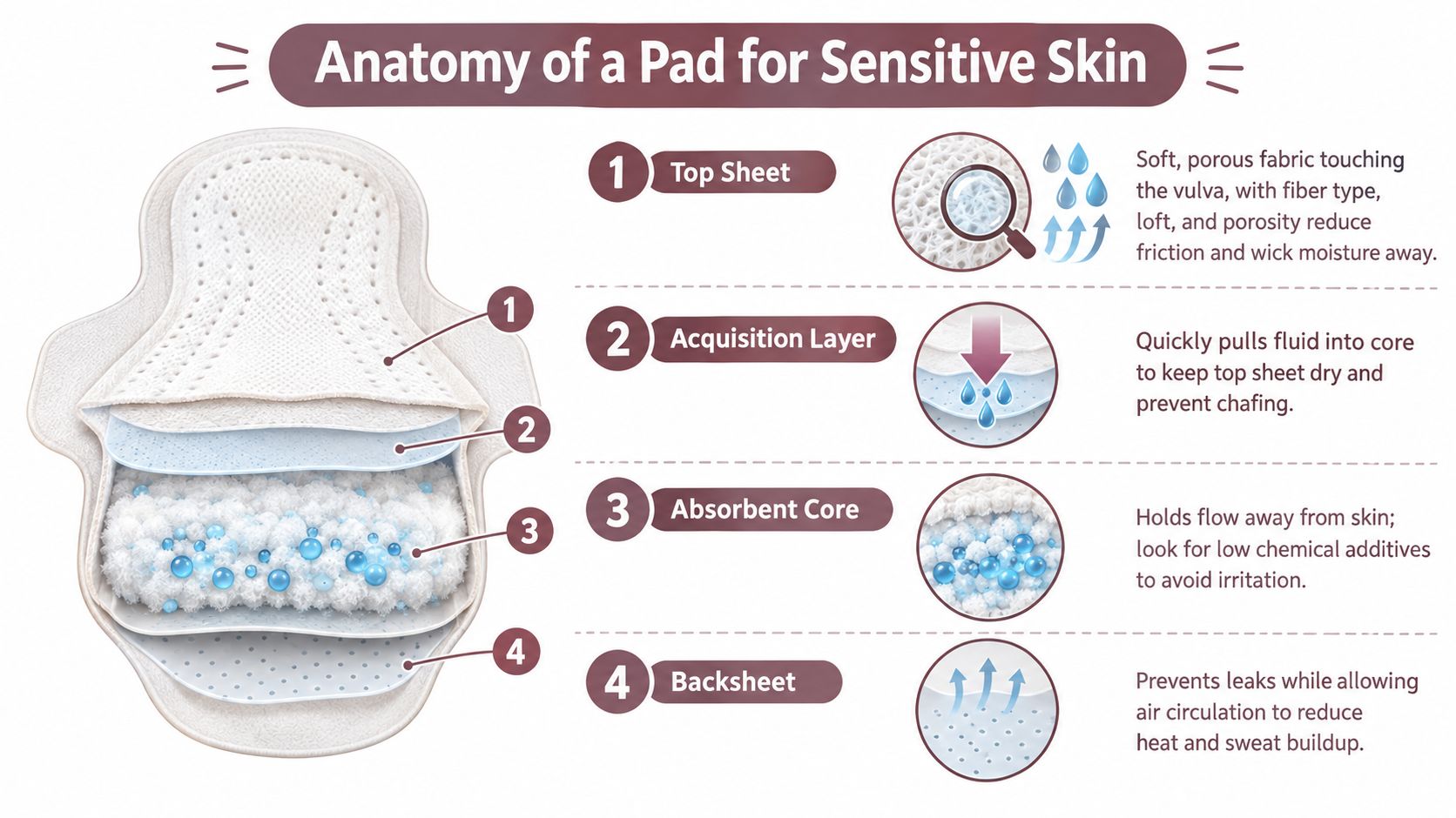 A diagram illustrating the four distinct layers of a feminine pad designed for sensitive skin health.