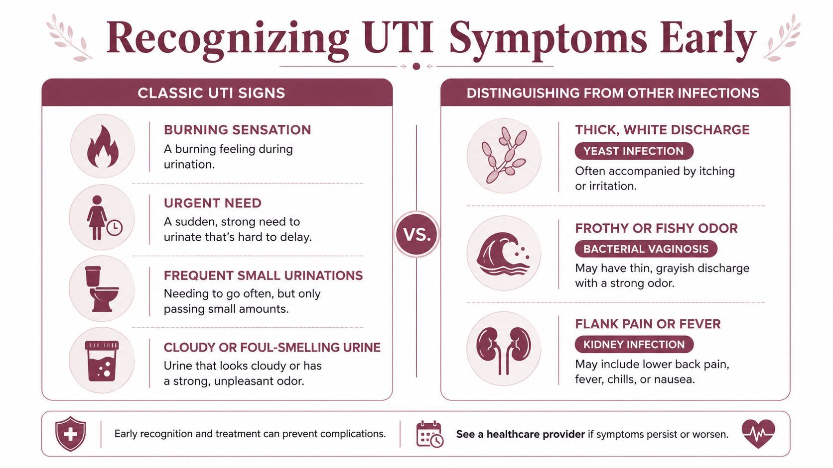 An infographic comparing classic urinary tract infection symptoms with signs of yeast infections, bacterial vaginosis, and kidney infections.